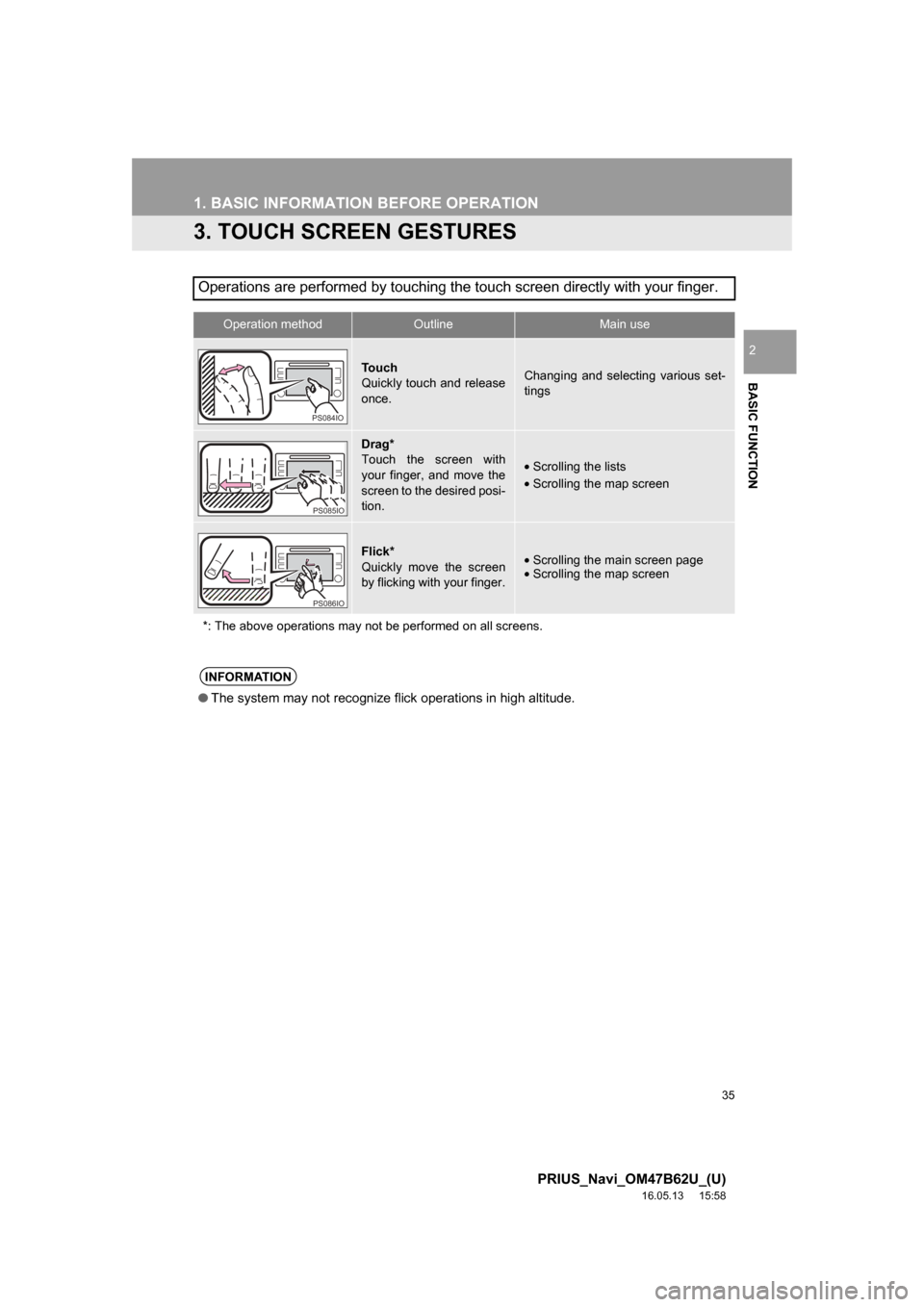 TOYOTA PRIUS 2017 4.G Navigation Manual 35
1. BASIC INFORMATION BEFORE OPERATION
PRIUS_Navi_OM47B62U_(U)
16.05.13     15:58
BASIC FUNCTION
2
3. TOUCH SCREEN GESTURES
Operations are performed by touching the touch screen directly with your f