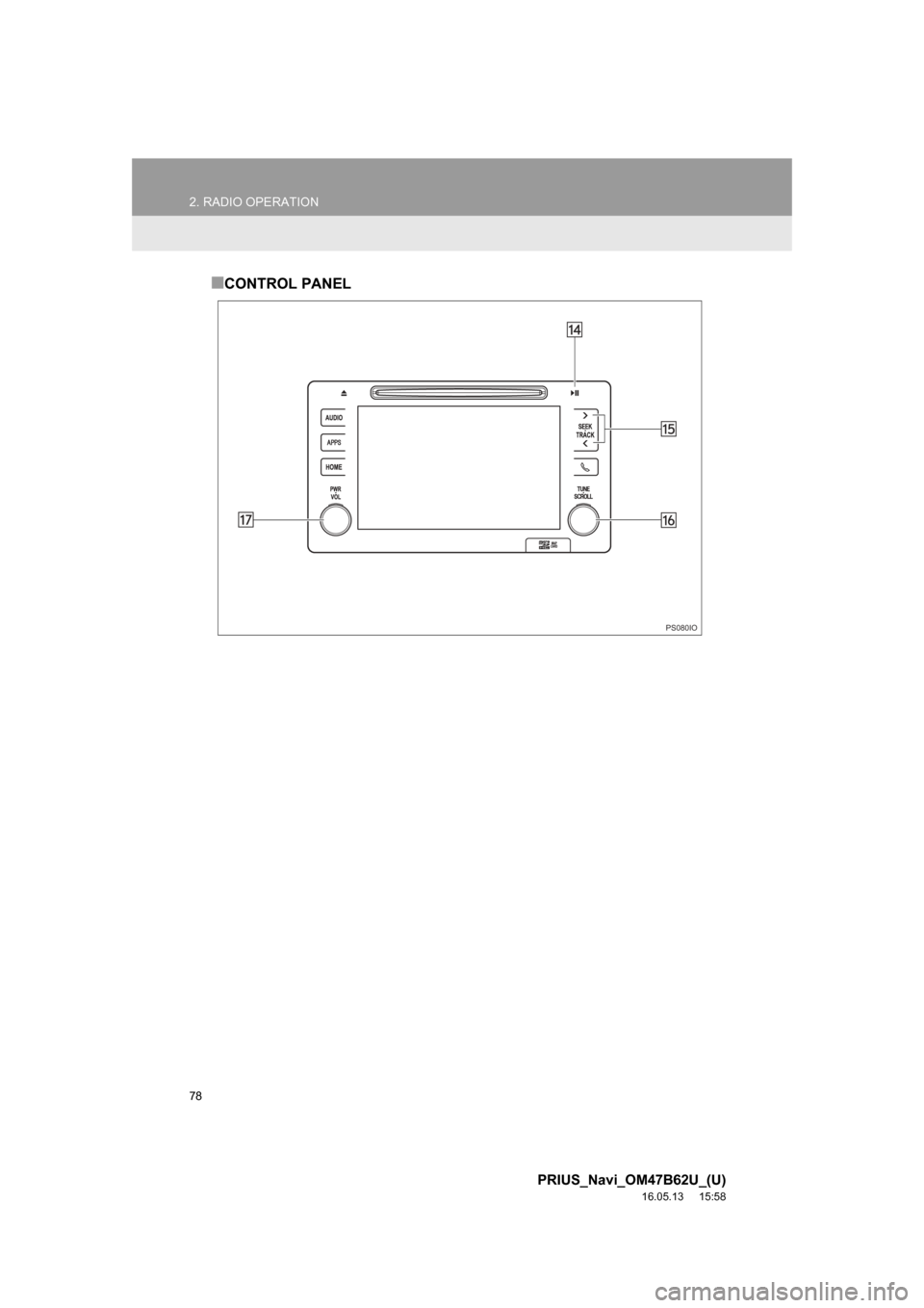 TOYOTA PRIUS 2017 4.G Navigation Manual 78
2. RADIO OPERATION
PRIUS_Navi_OM47B62U_(U)
16.05.13     15:58
■CONTROL PANEL
PS080IO 