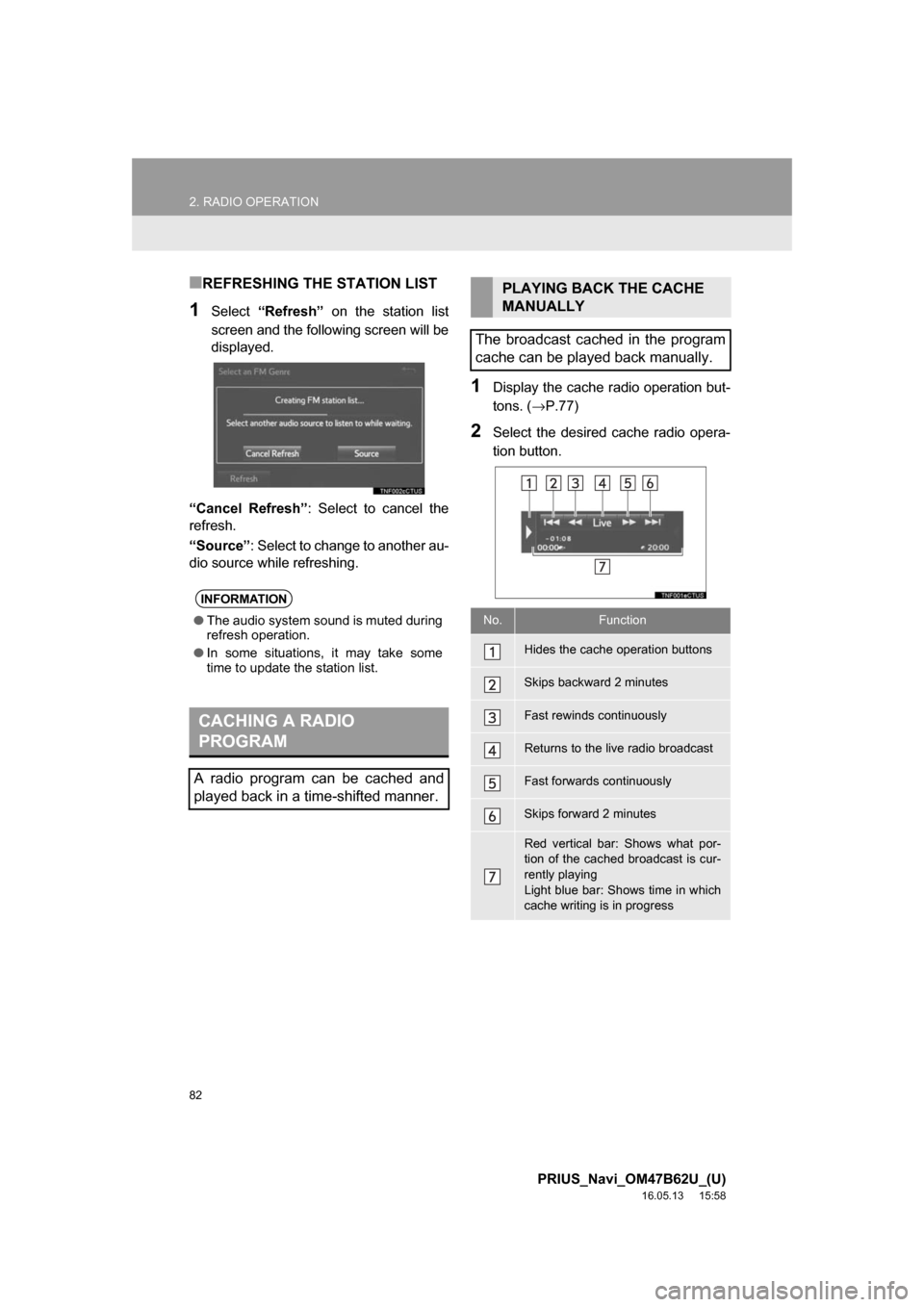 TOYOTA PRIUS 2017 4.G Navigation Manual 82
2. RADIO OPERATION
PRIUS_Navi_OM47B62U_(U)
16.05.13 15:58
■REFRESHING THE STATION LIST
1Select“Refresh” on the station list
screen and the following screen will be
displayed.
“Cancel R TOYOTA PRIUS 2017 4.G Navigation Manual 82
2. RADIO OPERATION
PRIUS_Navi_OM47B62U_(U)
16.05.13 15:58
■REFRESHING THE STATION LIST
1Select“Refresh” on the station list
screen and the following screen will be
displayed.
“Cancel R