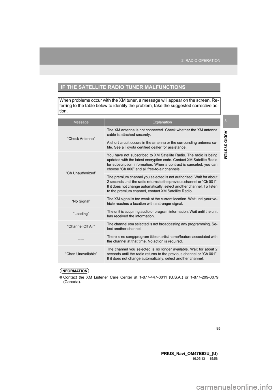 TOYOTA PRIUS 2017 4.G Navigation Manual 95
2. RADIO OPERATION
PRIUS_Navi_OM47B62U_(U)
16.05.13 15:58
AUDIO SYSTEM
3
IF THE SATELLITE RADIO TUNER MALFUNCTIONS
When problems occur with the XM tuner, a message will appear on the screen. Re TOYOTA PRIUS 2017 4.G Navigation Manual 95
2. RADIO OPERATION
PRIUS_Navi_OM47B62U_(U)
16.05.13 15:58
AUDIO SYSTEM
3
IF THE SATELLITE RADIO TUNER MALFUNCTIONS
When problems occur with the XM tuner, a message will appear on the screen. Re