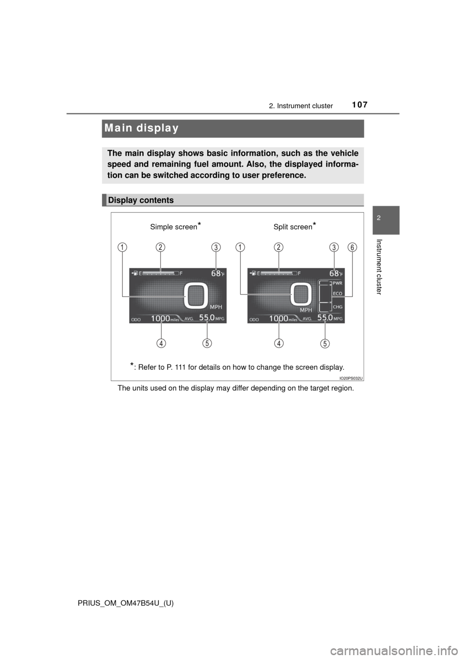 TOYOTA PRIUS 2017 4.G Owners Manual 107
PRIUS_OM_OM47B54U_(U)
2. Instrument cluster
2
Instrument cluster
Main display
The units used on the display may differ depending on the target region.
The main display shows basic information, suc TOYOTA PRIUS 2017 4.G Owners Manual 107
PRIUS_OM_OM47B54U_(U)
2. Instrument cluster
2
Instrument cluster
Main display
The units used on the display may differ depending on the target region.
The main display shows basic information, suc