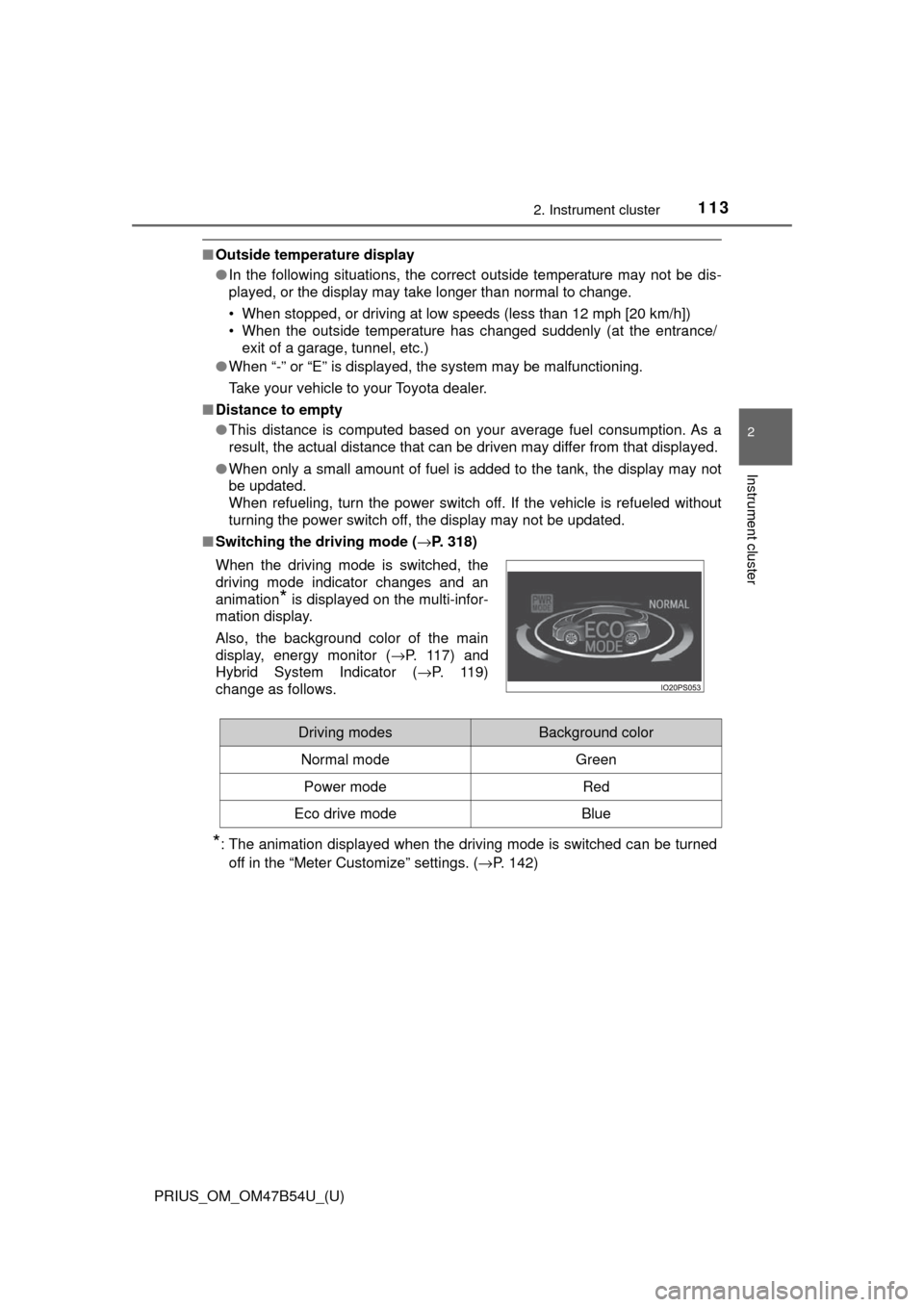 TOYOTA PRIUS 2017 4.G Owners Manual PRIUS_OM_OM47B54U_(U)
1132. Instrument cluster
2
Instrument cluster
■Outside temperature display
●In the following situations, the correct outside temperature may not be dis-
played, or the displa TOYOTA PRIUS 2017 4.G Owners Manual PRIUS_OM_OM47B54U_(U)
1132. Instrument cluster
2
Instrument cluster
■Outside temperature display
●In the following situations, the correct outside temperature may not be dis-
played, or the displa