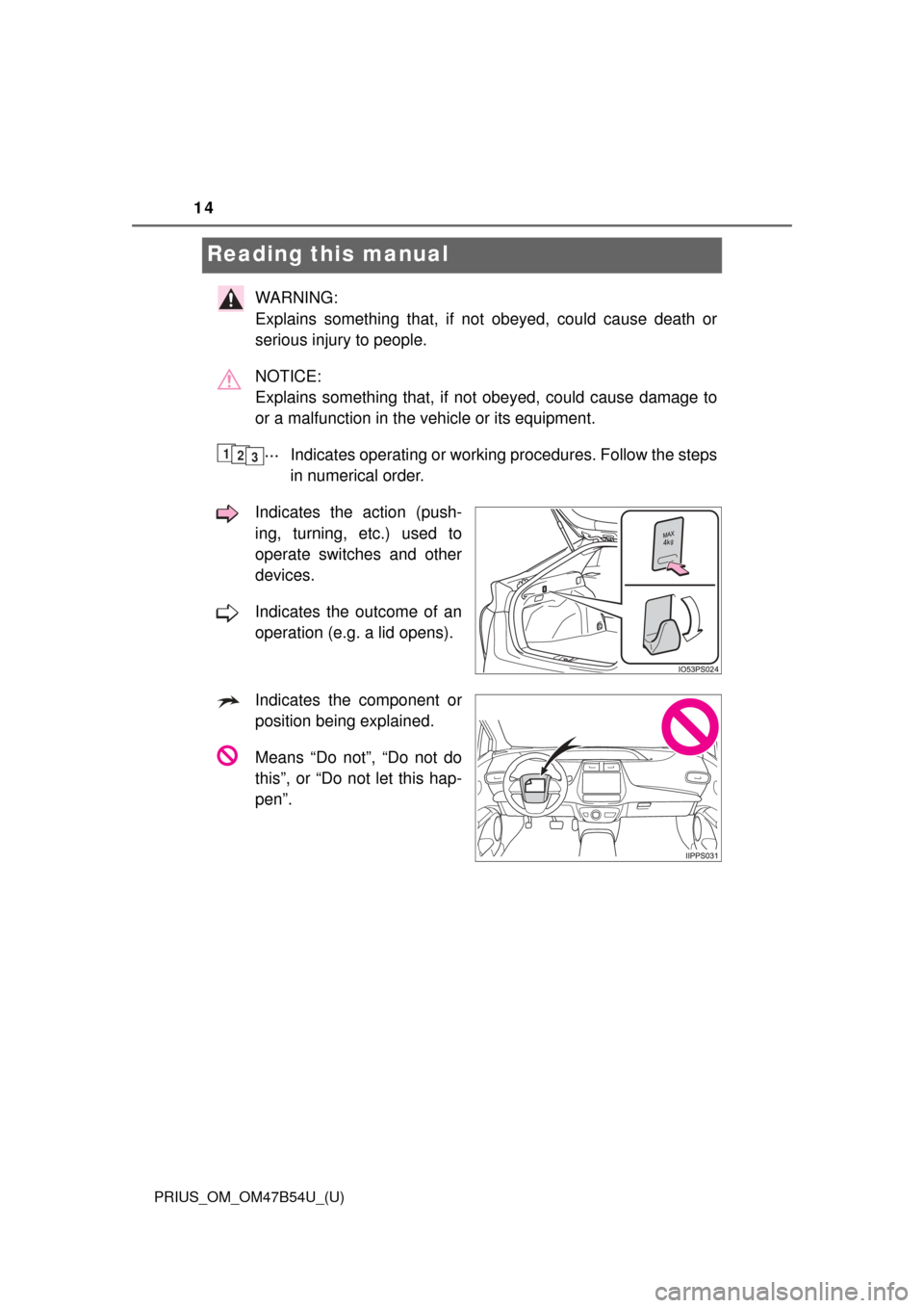 TOYOTA PRIUS 2017 4.G User Guide 14
PRIUS_OM_OM47B54U_(U)
Reading this manual
WARNING:
Explains something that, if not obeyed, could cause death or
serious injury to people.
NOTICE:
Explains something that, if not obeyed, could cau TOYOTA PRIUS 2017 4.G User Guide 14
PRIUS_OM_OM47B54U_(U)
Reading this manual
WARNING:
Explains something that, if not obeyed, could cause death or
serious injury to people.
NOTICE:
Explains something that, if not obeyed, could cau