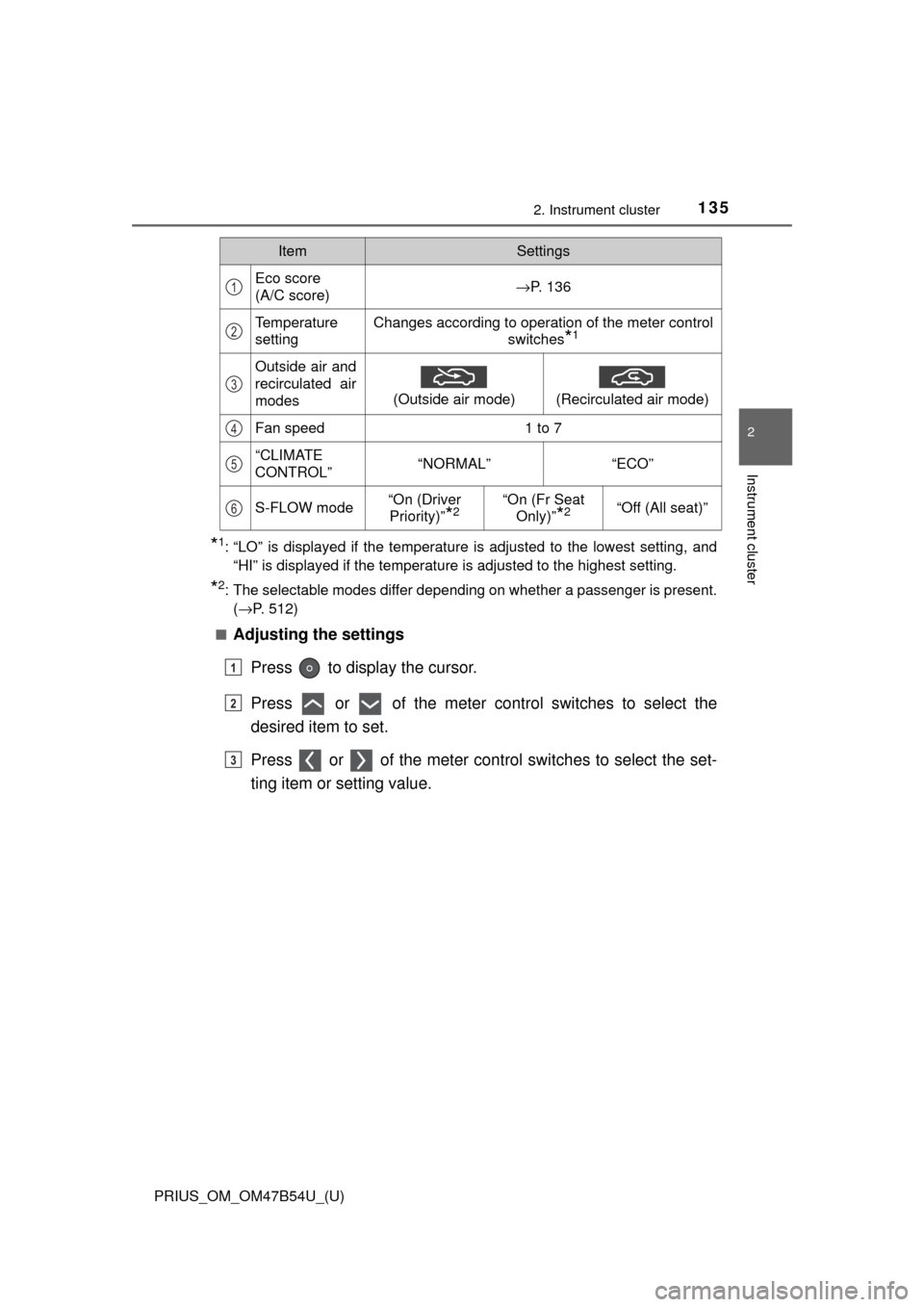 TOYOTA PRIUS 2017 4.G Owners Manual PRIUS_OM_OM47B54U_(U)
1352. Instrument cluster
2
Instrument cluster
*1: “LO” is displayed if the temperature is adjusted to the lowest setting\
, and“HI” is displayed if the temperature is adj TOYOTA PRIUS 2017 4.G Owners Manual PRIUS_OM_OM47B54U_(U)
1352. Instrument cluster
2
Instrument cluster
*1: “LO” is displayed if the temperature is adjusted to the lowest setting\
, and“HI” is displayed if the temperature is adj