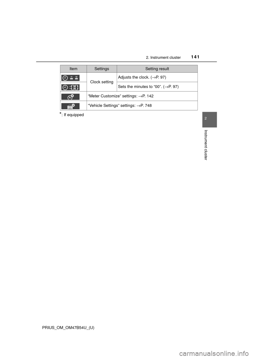 TOYOTA PRIUS 2017 4.G Owners Manual PRIUS_OM_OM47B54U_(U)
1412. Instrument cluster
2
Instrument cluster
*: If equipped
Clock setting
Adjusts the clock. (→P. 97)
Sets the minutes to “00”. (→P. 97)
“Meter Customize” settings: TOYOTA PRIUS 2017 4.G Owners Manual PRIUS_OM_OM47B54U_(U)
1412. Instrument cluster
2
Instrument cluster
*: If equipped
Clock setting
Adjusts the clock. (→P. 97)
Sets the minutes to “00”. (→P. 97)
“Meter Customize” settings: