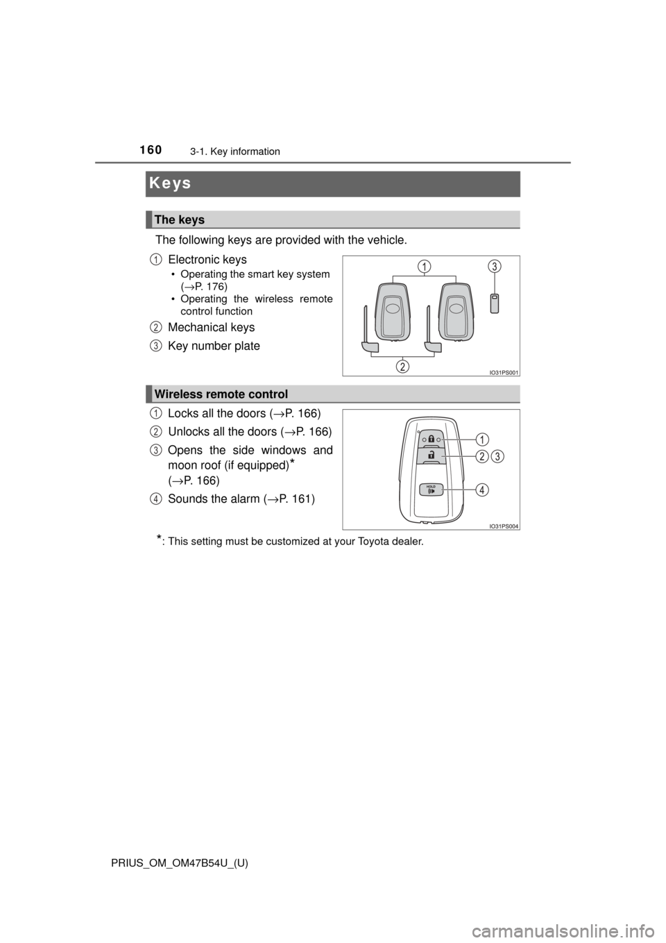 TOYOTA PRIUS 2017 4.G Owners Manual 160
PRIUS_OM_OM47B54U_(U)
3-1. Key information
Keys
The following keys are provided with the vehicle.Electronic keys
• Operating the smart key system (→P. 176)
• Operating the wireless remote co