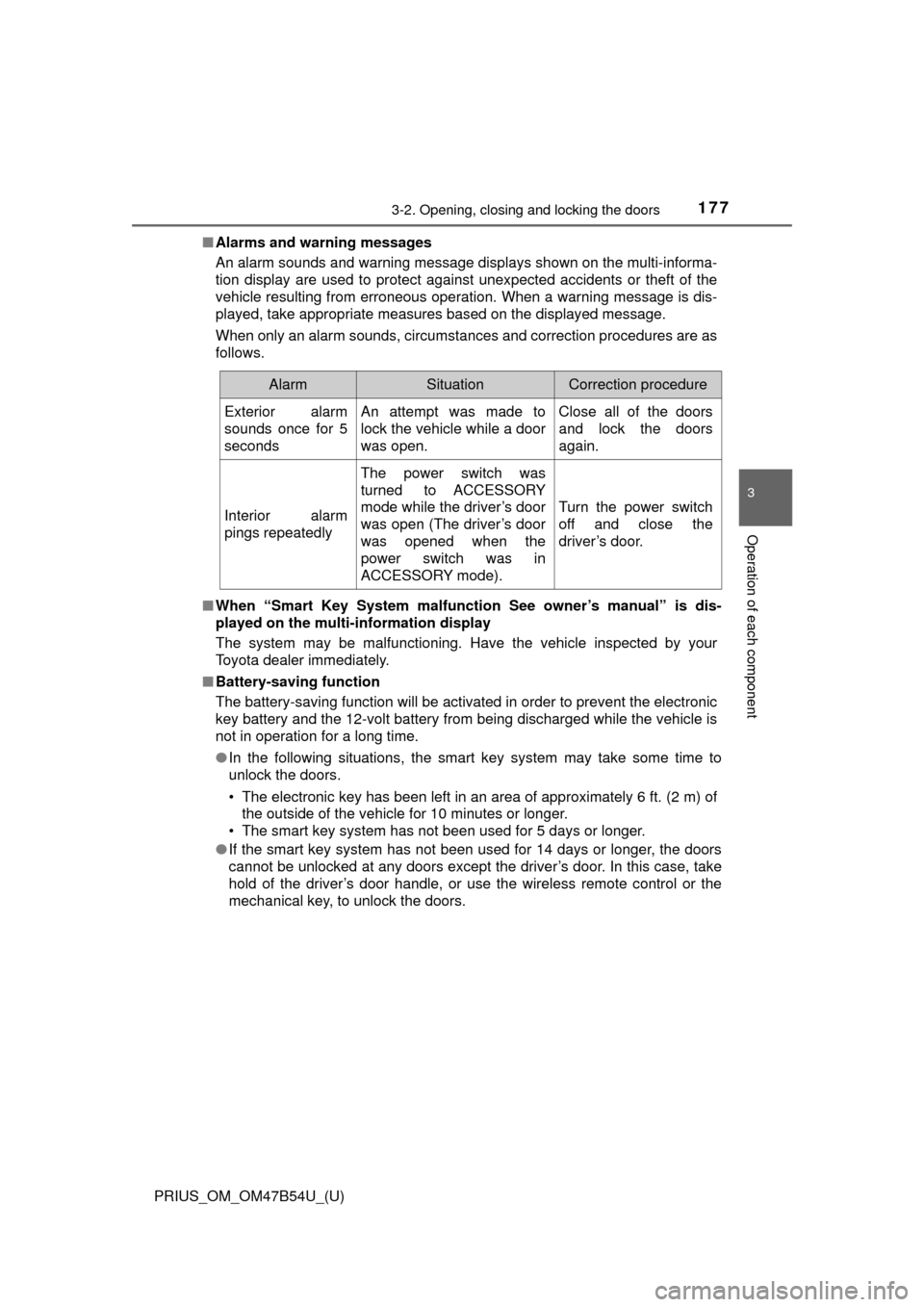 TOYOTA PRIUS 2017 4.G Owners Manual PRIUS_OM_OM47B54U_(U)
1773-2. Opening, closing and locking the doors
3
Operation of each component
■Alarms and warning messages
An alarm sounds and warning message displays shown on the multi-inform TOYOTA PRIUS 2017 4.G Owners Manual PRIUS_OM_OM47B54U_(U)
1773-2. Opening, closing and locking the doors
3
Operation of each component
■Alarms and warning messages
An alarm sounds and warning message displays shown on the multi-inform
