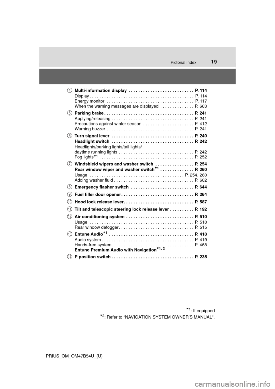 TOYOTA PRIUS 2017 4.G Owners Manual 19Pictorial index
PRIUS_OM_OM47B54U_(U)Multi-information display  . . . . . . . . . . . . . . . . . . . . . . . . . . .  P. 114
Display . . . . . . . . . . . . . . . . . . . . . . . . . . . . . . . . 