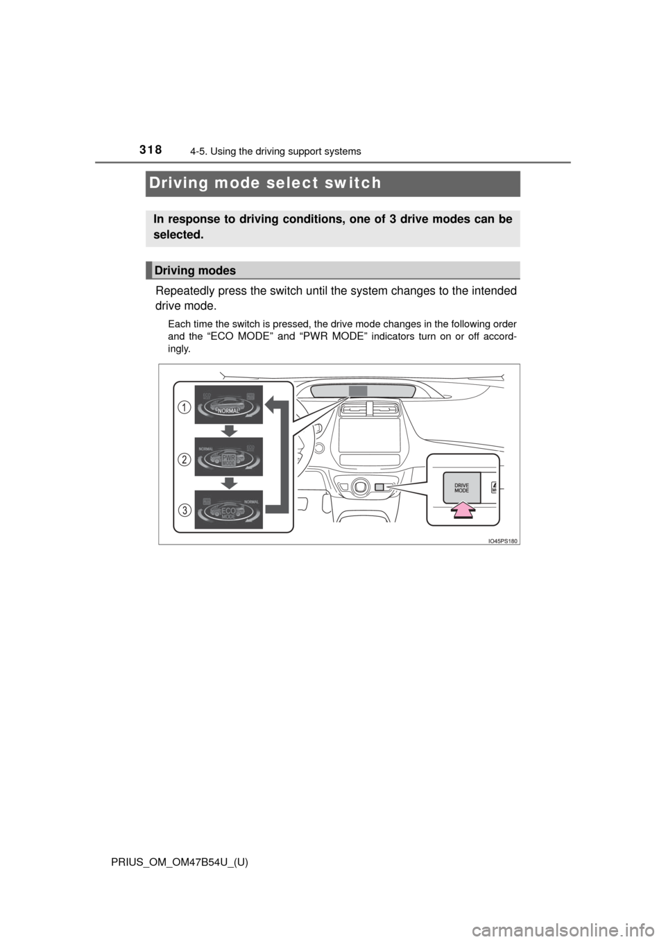 TOYOTA PRIUS 2017 4.G Owners Manual 318
PRIUS_OM_OM47B54U_(U)
4-5. Using the driving support systems
Driving mode select switch
Repeatedly press the switch until t he system changes to the intended
drive mode.
Each time the switch is pr TOYOTA PRIUS 2017 4.G Owners Manual 318
PRIUS_OM_OM47B54U_(U)
4-5. Using the driving support systems
Driving mode select switch
Repeatedly press the switch until t he system changes to the intended
drive mode.
Each time the switch is pr