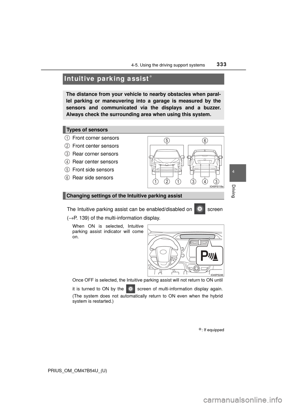 TOYOTA PRIUS 2017 4.G Owners Manual 333
PRIUS_OM_OM47B54U_(U)
4-5. Using the driving support systems
4
Driving
Intuitive parking assist∗
Front corner sensors
Front center sensors
Rear corner sensors
Rear center sensors
Front side sens TOYOTA PRIUS 2017 4.G Owners Manual 333
PRIUS_OM_OM47B54U_(U)
4-5. Using the driving support systems
4
Driving
Intuitive parking assist∗
Front corner sensors
Front center sensors
Rear corner sensors
Rear center sensors
Front side sens