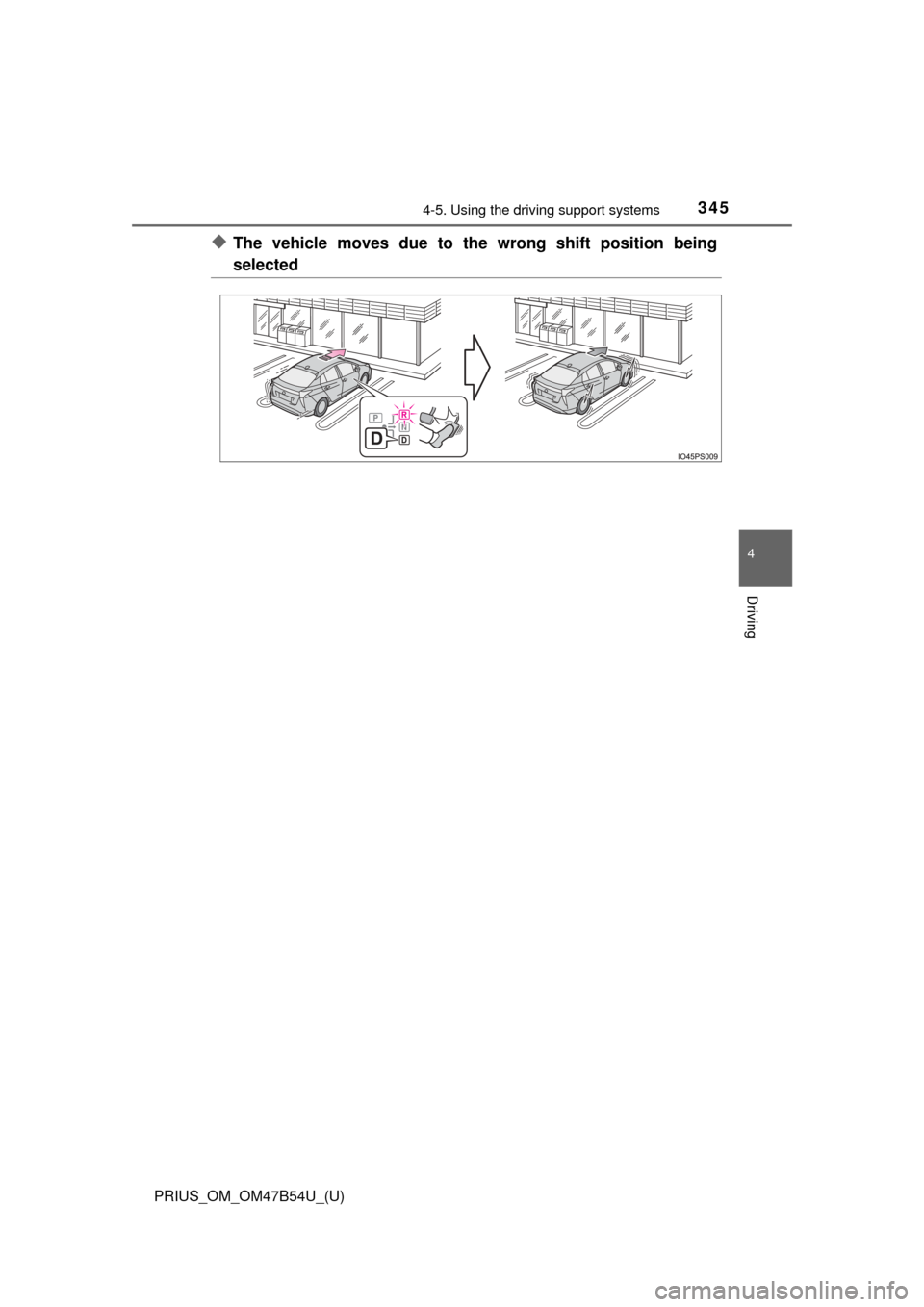 TOYOTA PRIUS 2017 4.G Owners Manual PRIUS_OM_OM47B54U_(U)
3454-5. Using the driving support systems
4
Driving
◆The vehicle moves due to the wrong shift position being
selected TOYOTA PRIUS 2017 4.G Owners Manual PRIUS_OM_OM47B54U_(U)
3454-5. Using the driving support systems
4
Driving
◆The vehicle moves due to the wrong shift position being
selected