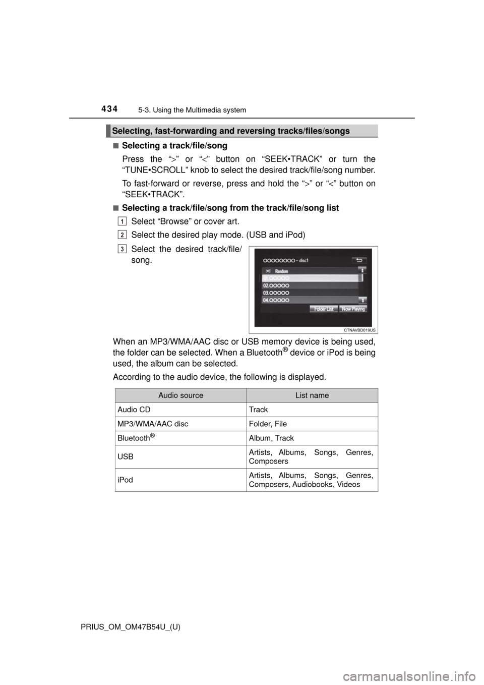 TOYOTA PRIUS 2017 4.G Owners Manual 4345-3. Using the Multimedia system
PRIUS_OM_OM47B54U_(U)■
Selecting a track/file/song
Press the “
>” or “<” button on “SEEK•TRACK” or turn the
“TUNE•SCROLL” knob to select the d