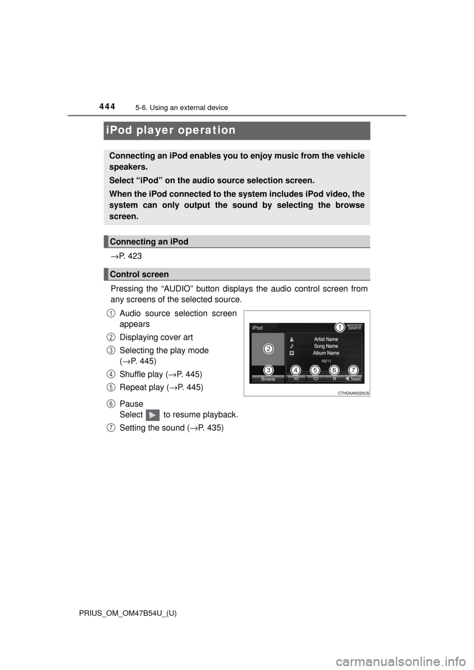 TOYOTA PRIUS 2017 4.G Owners Manual 444
PRIUS_OM_OM47B54U_(U)
5-6. Using an external device
iPod player operation
→P.  4 2 3
Pressing the “AUDIO” button disp lays the audio control screen from
any screens of the selected source.
A