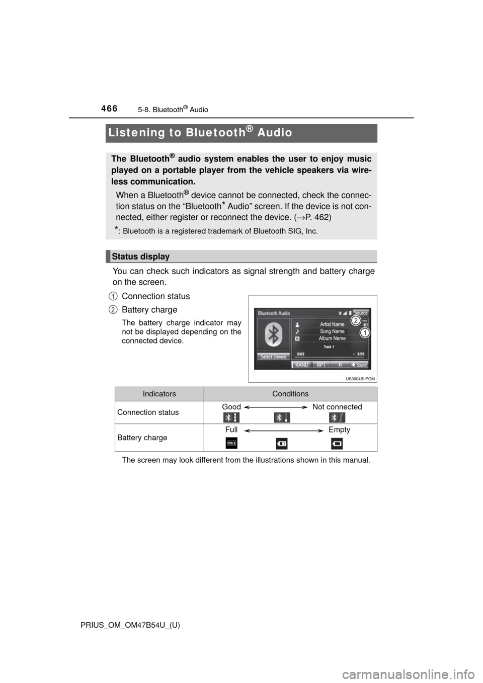 TOYOTA PRIUS 2017 4.G Owners Manual 466
PRIUS_OM_OM47B54U_(U)
5-8. Bluetooth® Audio
Listening to Bluetooth® Audio
You can check such indicators as signal strength and battery charge
on the screen.
Connection status
Battery charge
The TOYOTA PRIUS 2017 4.G Owners Manual 466
PRIUS_OM_OM47B54U_(U)
5-8. Bluetooth® Audio
Listening to Bluetooth® Audio
You can check such indicators as signal strength and battery charge
on the screen.
Connection status
Battery charge
The
