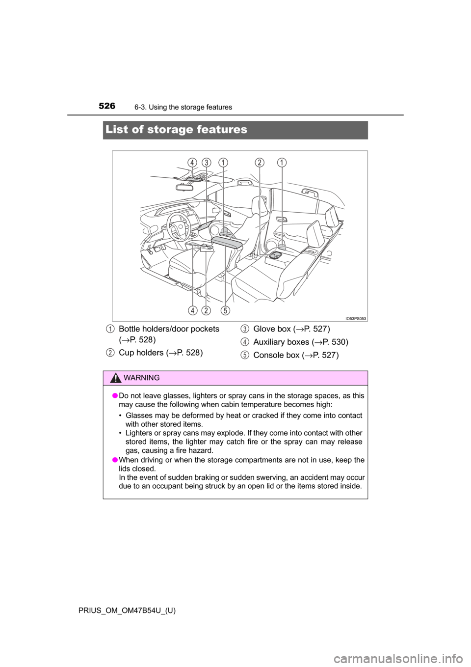 TOYOTA PRIUS 2017 4.G Owners Manual 526
PRIUS_OM_OM47B54U_(U)
6-3. Using the storage features
List of storage features
Bottle holders/door pockets 
(→ P. 528)
Cup holders (→ P. 528) Glove box (
→P. 527)
Auxiliary boxes ( →P. 530