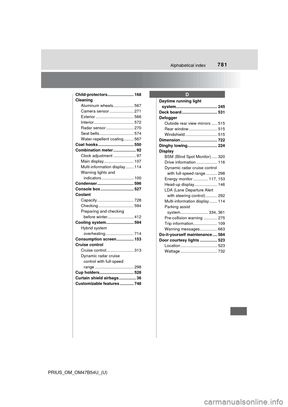 TOYOTA PRIUS 2017 4.G Owners Manual 781Alphabetical index
PRIUS_OM_OM47B54U_(U)
Child-protectors....................... 168
CleaningAluminum wheels.................. 567
Camera sensor ..................... 271
Exterior .................