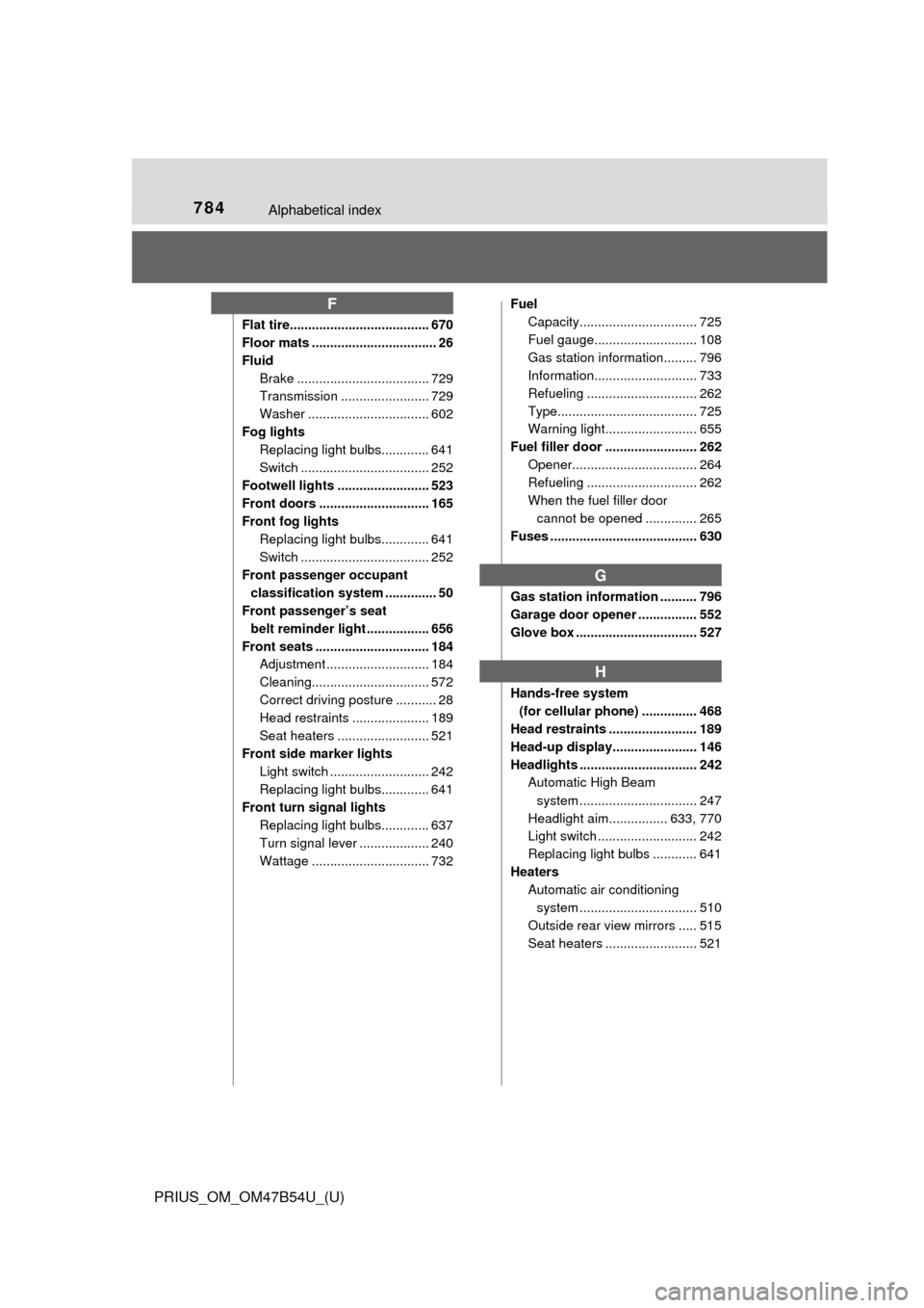 TOYOTA PRIUS 2017 4.G Owners Manual 784Alphabetical index
PRIUS_OM_OM47B54U_(U)
Flat tire...................................... 670
Floor mats .................................. 26
FluidBrake .................................... 729
Tra