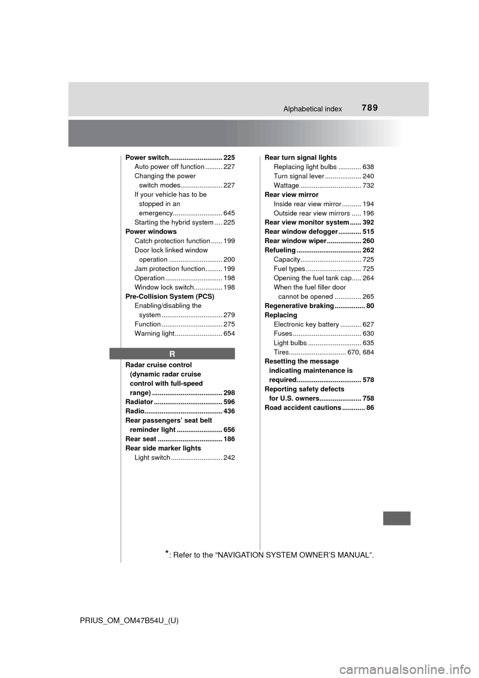 TOYOTA PRIUS 2017 4.G Owners Manual 789Alphabetical index
PRIUS_OM_OM47B54U_(U)
Power switch............................ 225Auto power off function ......... 227
Changing the power 
switch modes...................... 227
If your vehicle