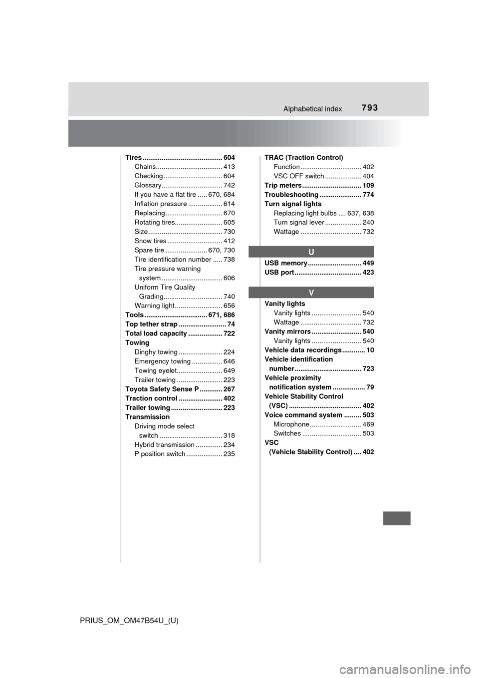 TOYOTA PRIUS 2017 4.G Owners Manual 793Alphabetical index
PRIUS_OM_OM47B54U_(U)
Tires .......................................... 604Chains................................... 413
Checking ............................... 604
Glossary.....