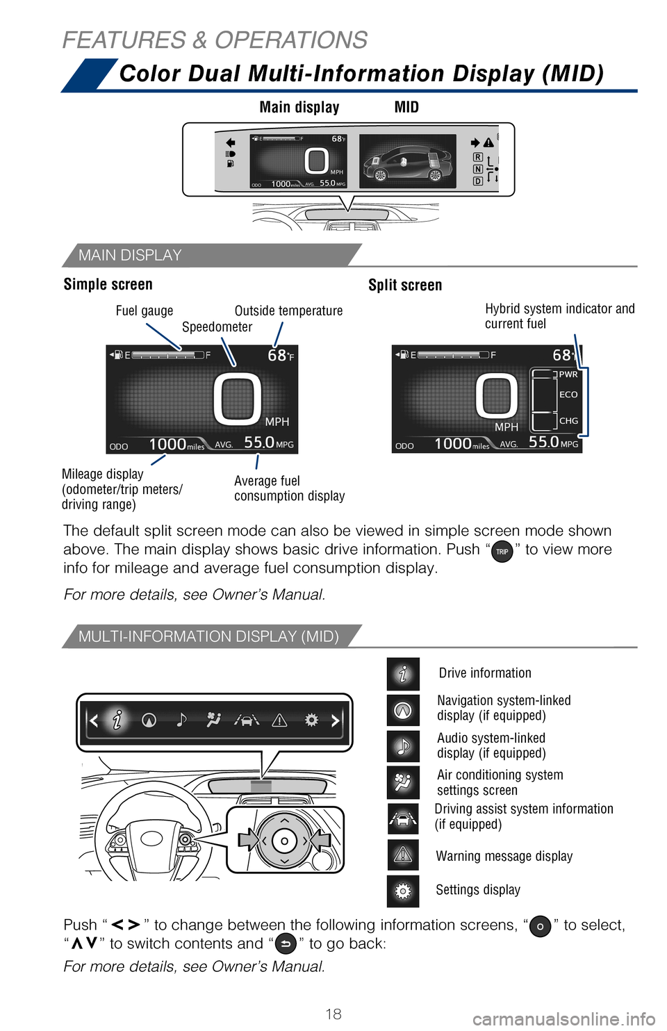 TOYOTA PRIUS 2017 4.G Quick Reference Guide 18
MAIN DISPLAY
MULTI-INFORMATION DISPLAY (MID)
MICROPHONE
STEERING WHEEL AUDIO AND TELEPHONE CONTROLS
Color Dual Multi-Information Display (MID)
Push “vv” to change between the following informat TOYOTA PRIUS 2017 4.G Quick Reference Guide 18
MAIN DISPLAY
MULTI-INFORMATION DISPLAY (MID)
MICROPHONE
STEERING WHEEL AUDIO AND TELEPHONE CONTROLS
Color Dual Multi-Information Display (MID)
Push “vv” to change between the following informat