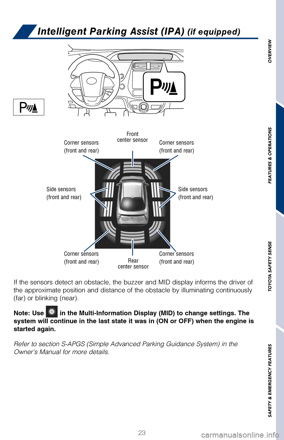 TOYOTA PRIUS 2017 4.G Quick Reference Guide OVERVIEW
FEATURES & OPERATIONS
TOYOTA SAFETY SENSE
SAFETY & EMERGENCY FEATURES
23
Intelligent Parking Assist (IPA) (if equipped)
Cruise control
If the sensors detect an obstacle, the buzzer and MID di TOYOTA PRIUS 2017 4.G Quick Reference Guide OVERVIEW
FEATURES & OPERATIONS
TOYOTA SAFETY SENSE
SAFETY & EMERGENCY FEATURES
23
Intelligent Parking Assist (IPA) (if equipped)
Cruise control
If the sensors detect an obstacle, the buzzer and MID di
