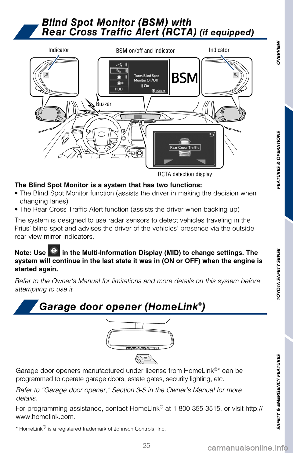 TOYOTA PRIUS 2017 4.G Quick Reference Guide OVERVIEW
FEATURES & OPERATIONS
TOYOTA SAFETY SENSE
SAFETY & EMERGENCY FEATURES
25
Intelligent Clearance Sonar (ICS) (if equipped)
Blind Spot Monitor (BSM) with
Rear Cross Traffic Alert (RCTA)
(if e TOYOTA PRIUS 2017 4.G Quick Reference Guide OVERVIEW
FEATURES & OPERATIONS
TOYOTA SAFETY SENSE
SAFETY & EMERGENCY FEATURES
25
Intelligent Clearance Sonar (ICS) (if equipped)
Blind Spot Monitor (BSM) with
Rear Cross Traffic Alert (RCTA)
(if e