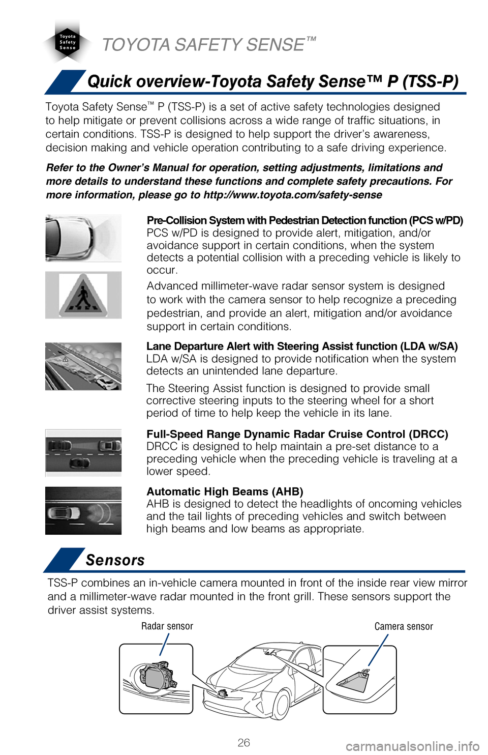 TOYOTA PRIUS 2017 4.G Quick Reference Guide 26
Quick overview-Toyota Safety Sense™ P (TSS-P)
Sensors
TSS-P combines an in-vehicle camera mounted in front of the inside rear \
view mirror
and a millimeter-wave radar mounted in the front grill TOYOTA PRIUS 2017 4.G Quick Reference Guide 26
Quick overview-Toyota Safety Sense™ P (TSS-P)
Sensors
TSS-P combines an in-vehicle camera mounted in front of the inside rear \
view mirror
and a millimeter-wave radar mounted in the front grill