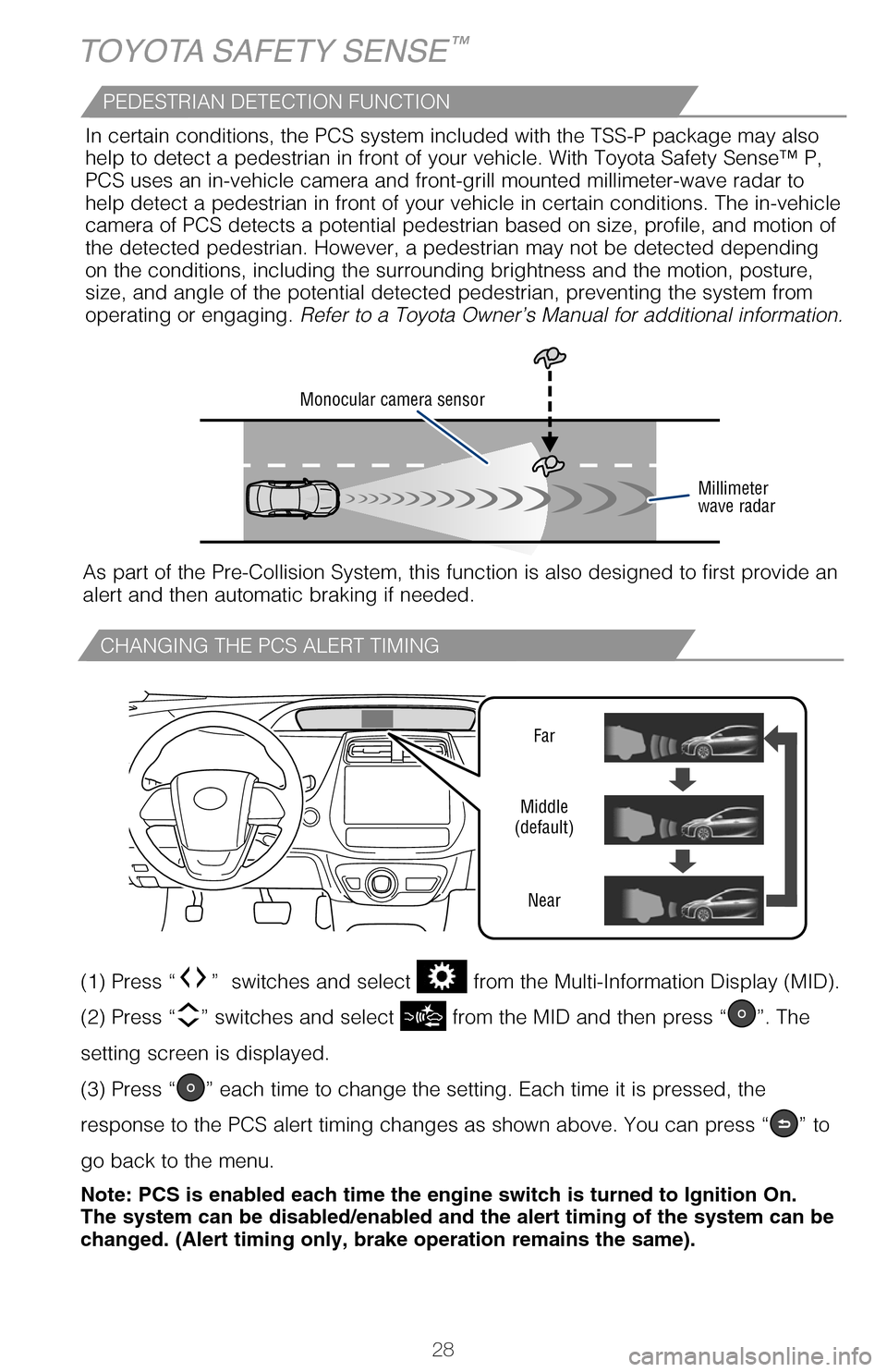 TOYOTA PRIUS 2017 4.G Quick Reference Guide 28
CHANGING THE PCS ALERT TIMING
DISABLING THE PRE-COLLISION SYSTEM (PCS)
TOYOTA SAFETY SENSE™
Far
Middle
(default)
Near
LDA in TSS-P uses an in-vehicle camera designed to detect visible white \
and TOYOTA PRIUS 2017 4.G Quick Reference Guide 28
CHANGING THE PCS ALERT TIMING
DISABLING THE PRE-COLLISION SYSTEM (PCS)
TOYOTA SAFETY SENSE™
Far
Middle
(default)
Near
LDA in TSS-P uses an in-vehicle camera designed to detect visible white \
and