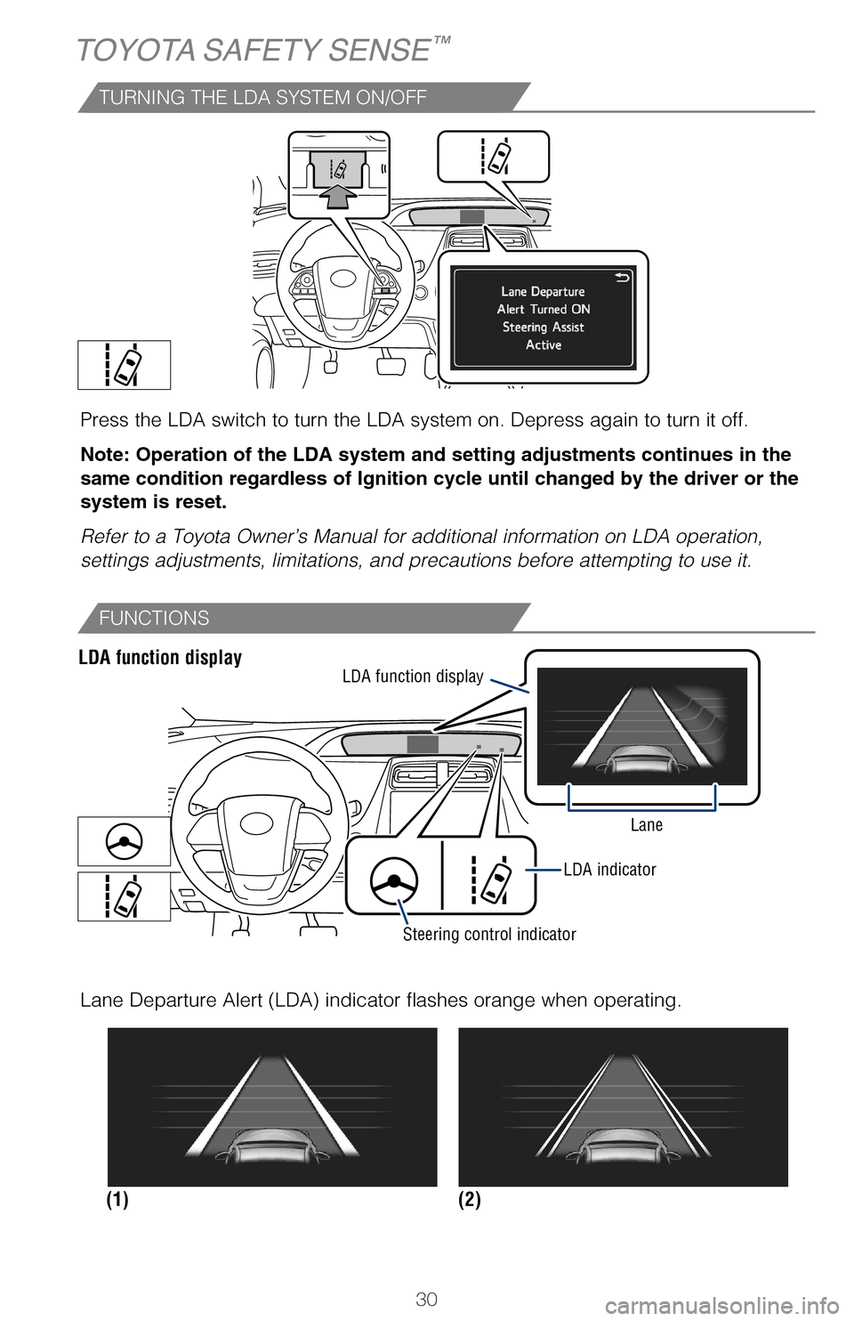 TOYOTA PRIUS 2017 4.G Quick Reference Guide 30
TOYOTA SAFETY SENSE™
TURNING THE LDA SYSTEM ON/OFF
Press the LDA switch to turn the LDA system on. Depress again to turn it\
off.
Note: Operation of the LDA system and setting adjustments contin TOYOTA PRIUS 2017 4.G Quick Reference Guide 30
TOYOTA SAFETY SENSE™
TURNING THE LDA SYSTEM ON/OFF
Press the LDA switch to turn the LDA system on. Depress again to turn it\
off.
Note: Operation of the LDA system and setting adjustments contin