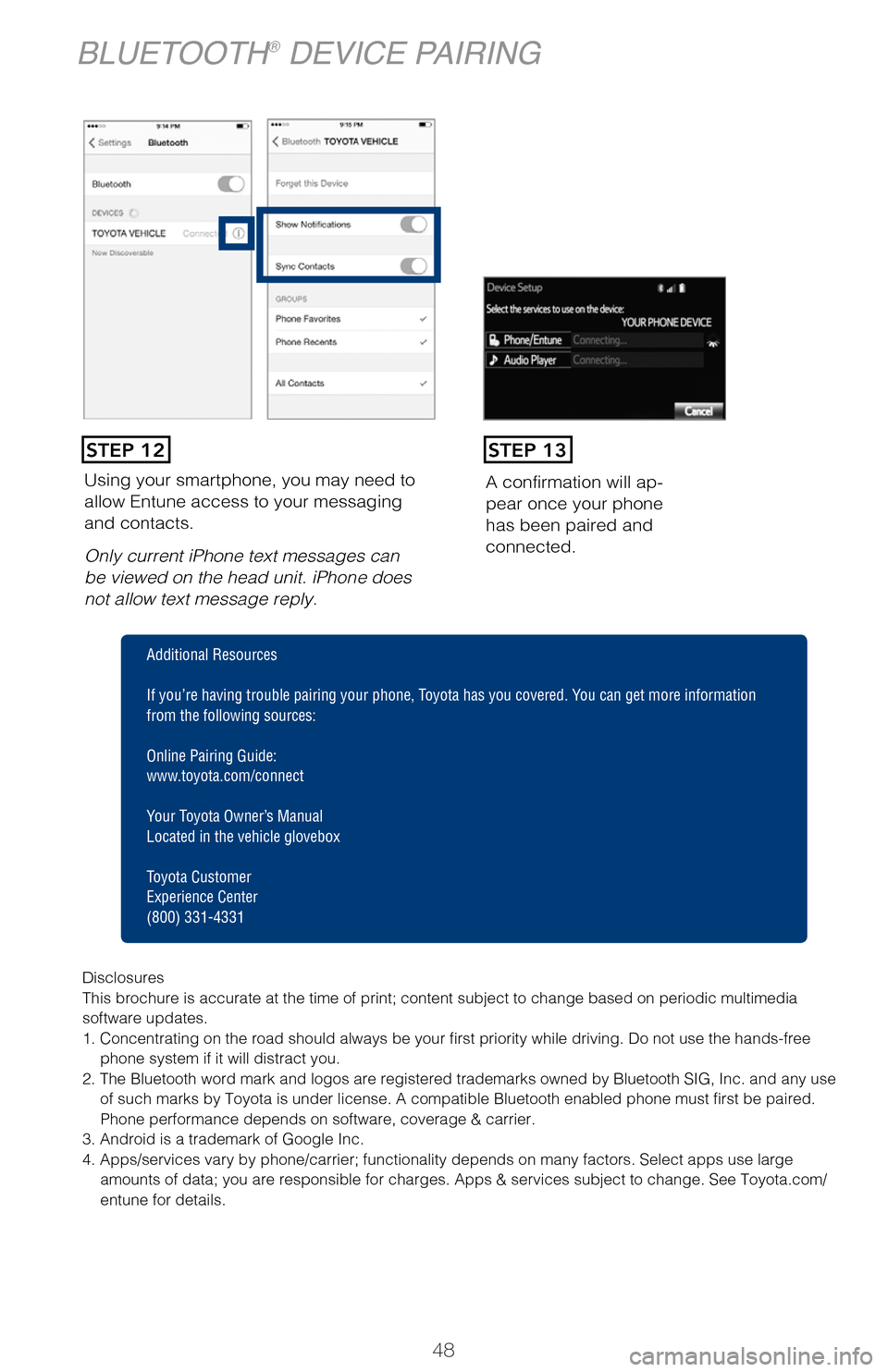 TOYOTA PRIUS 2017 4.G Quick Reference Guide Using your smartphone, you may need to 
allow Entune access to your messaging 
and contacts.
Only current iPhone text messages can 
be viewed on the head unit. iPhone does 
not allow text message repl