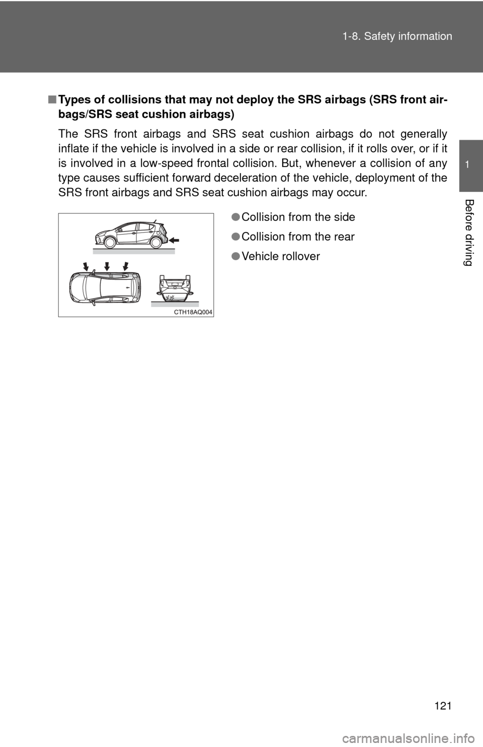 TOYOTA PRIUS C 2012 NHP10 / 1.G Owners Manual 121
1-8. Safety information
1
Before driving
■
Types of collisions that may not de ploy the SRS airbags (SRS front air-
bags/SRS seat cushion airbags)
The SRS front airbags and SRS seat cushion airb TOYOTA PRIUS C 2012 NHP10 / 1.G Owners Manual 121
1-8. Safety information
1
Before driving
■
Types of collisions that may not de ploy the SRS airbags (SRS front air-
bags/SRS seat cushion airbags)
The SRS front airbags and SRS seat cushion airb