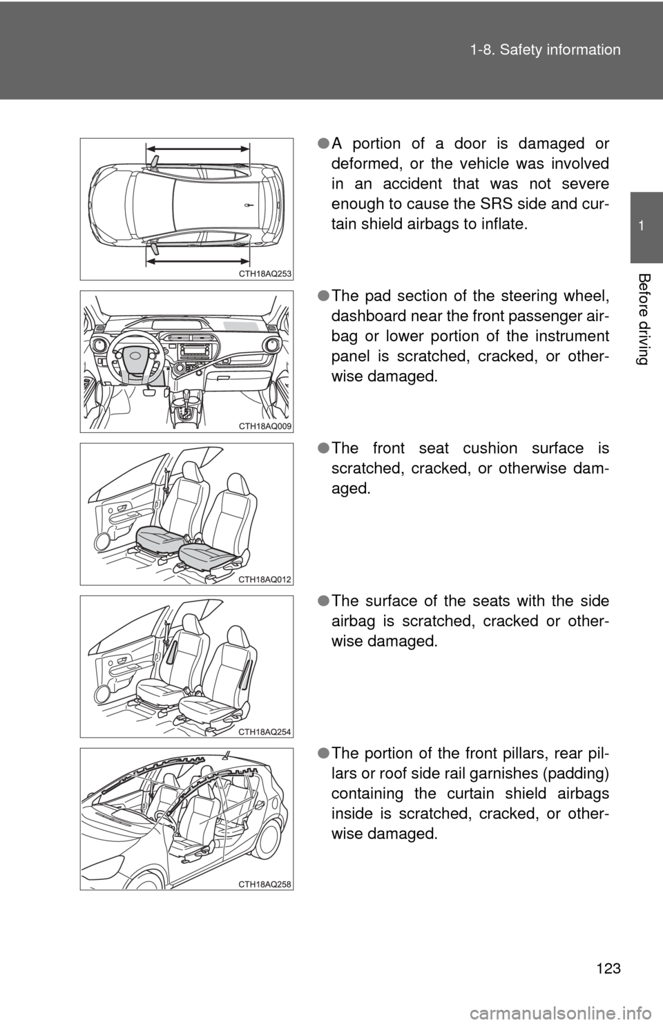 TOYOTA PRIUS C 2012 NHP10 / 1.G Owners Manual 123
1-8. Safety information
1
Before driving
●
A portion of a door is damaged or
deformed, or the vehicle was involved
in an accident that was not severe
enough to cause the SRS side and cur-
tain s TOYOTA PRIUS C 2012 NHP10 / 1.G Owners Manual 123
1-8. Safety information
1
Before driving
●
A portion of a door is damaged or
deformed, or the vehicle was involved
in an accident that was not severe
enough to cause the SRS side and cur-
tain s