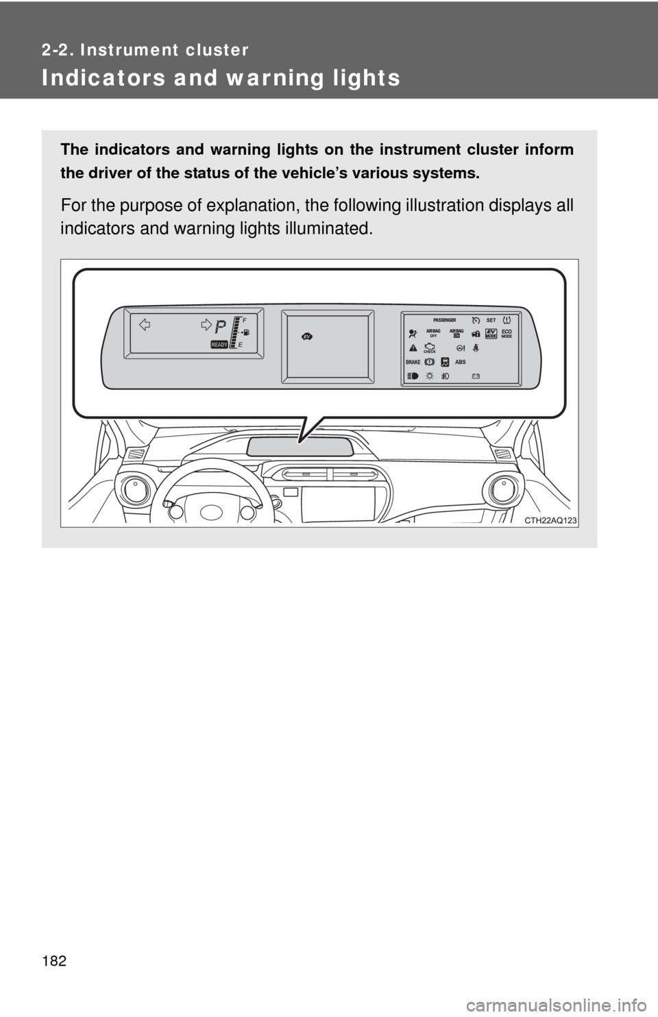 TOYOTA PRIUS C 2012 NHP10 / 1.G User Guide 182
2-2. Instrument cluster
Indicators and warning lights
The indicators and warning lights on the instrument cluster inform
the driver of the status of the vehicle’s various systems.
For the purpos