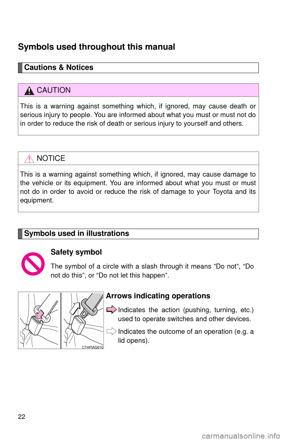 TOYOTA PRIUS C 2012 NHP10 / 1.G Owners Manual 22
Symbols used throughout this manual
Cautions & Notices
Symbols used in illustrations
CAUTION
This is a warning against something which, if ignored, may cause death or
serious injury to people. You 