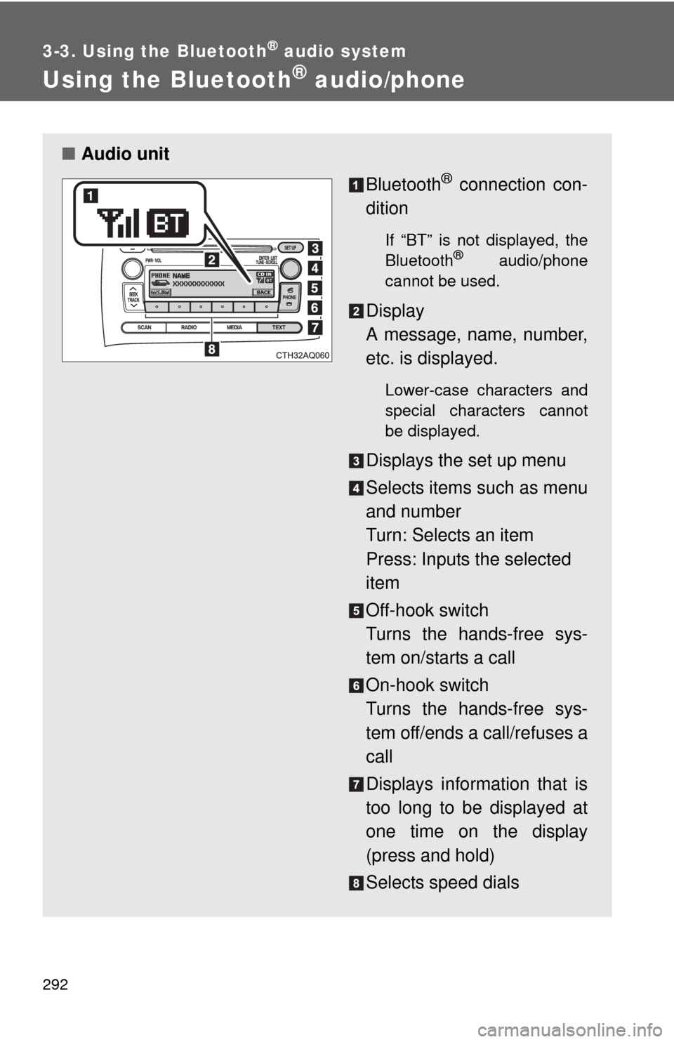 TOYOTA PRIUS C 2012 NHP10 / 1.G Owners Manual 292
3-3. Using the Bluetooth® audio system
Using the Bluetooth® audio/phone
■Audio unit
Bluetooth
® connection con-
dition
If “BT” is not displayed, the
Bluetooth® audio/phone
cannot be used