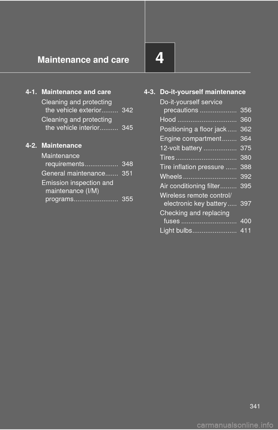 TOYOTA PRIUS C 2012 NHP10 / 1.G Owners Manual Maintenance and care4
341
4-1. Maintenance and careCleaning and protecting the vehicle exterior.........  342
Cleaning and protecting  the vehicle interior..........  345
4-2. Maintenance Maintenance 