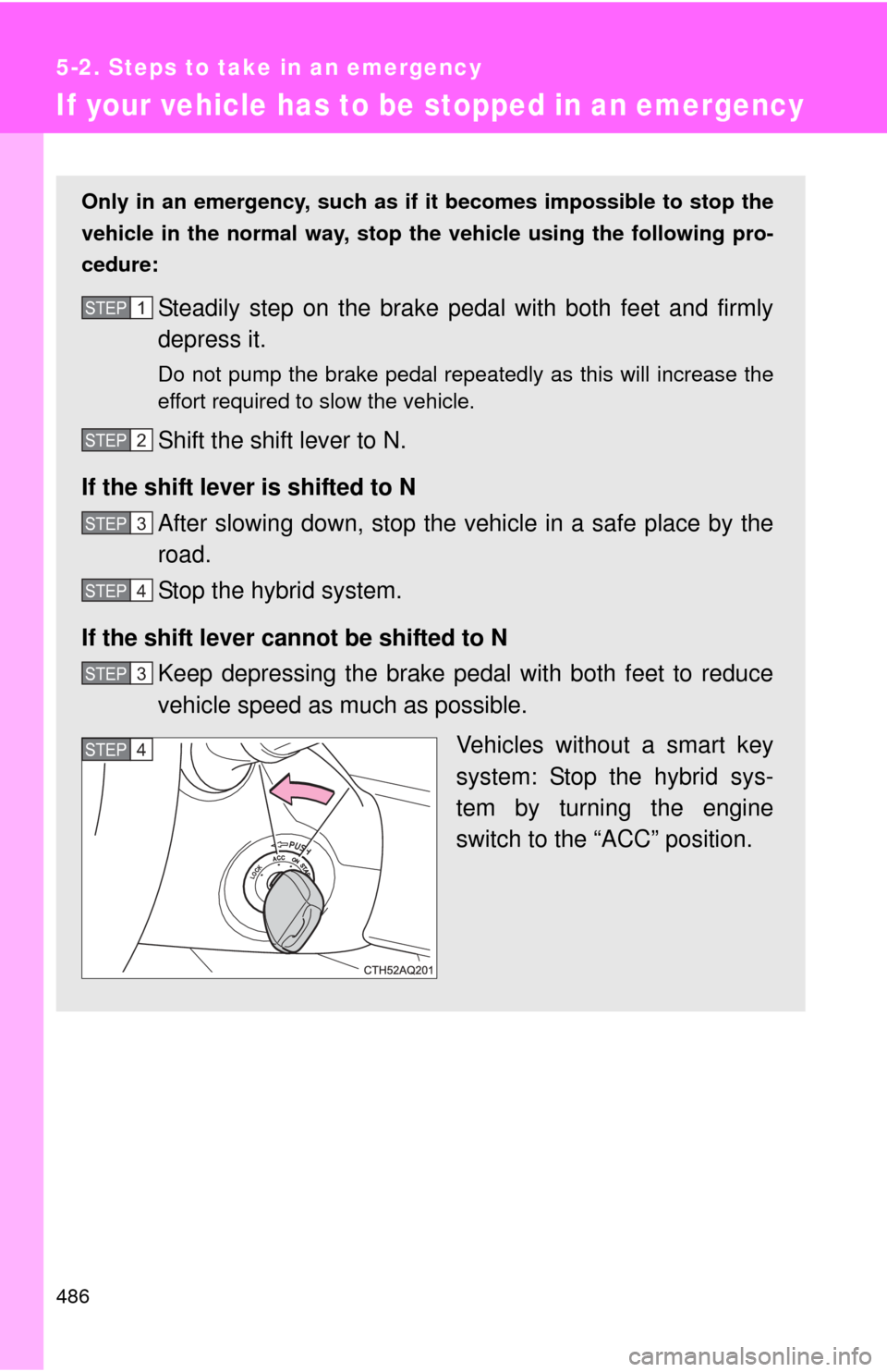 TOYOTA PRIUS C 2012 NHP10 / 1.G Owners Manual 486
5-2. Steps to take in an emergency
If your vehicle has to be stopped in an emergency
Only in an emergency, such as if it becomes impossible to stop the
vehicle in the normal way, stop  the vehicle
