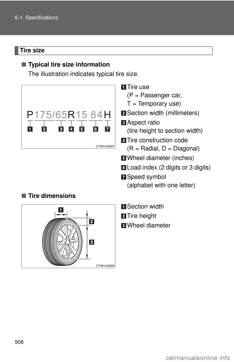 TOYOTA PRIUS C 2012 NHP10 / 1.G Owners Manual 506 6-1. Specifications
Tire size■ Typical tire size information
The illustration indicates typical tire size.
Tire use
(P = Passenger car, 
T = Temporary use)
Section width (millimeters)
Aspect rat