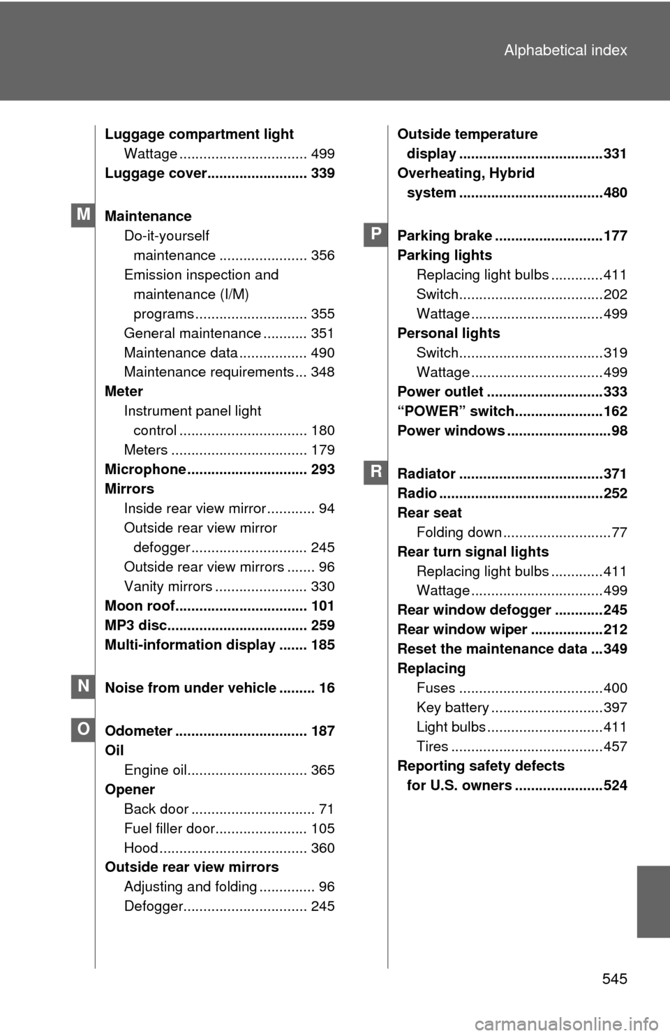 TOYOTA PRIUS C 2012 NHP10 / 1.G Owners Manual 545
Alphabetical index
Luggage compartment light
Wattage ................................ 499
Luggage cover......................... 339
Maintenance Do-it-yourself maintenance ...................... 3