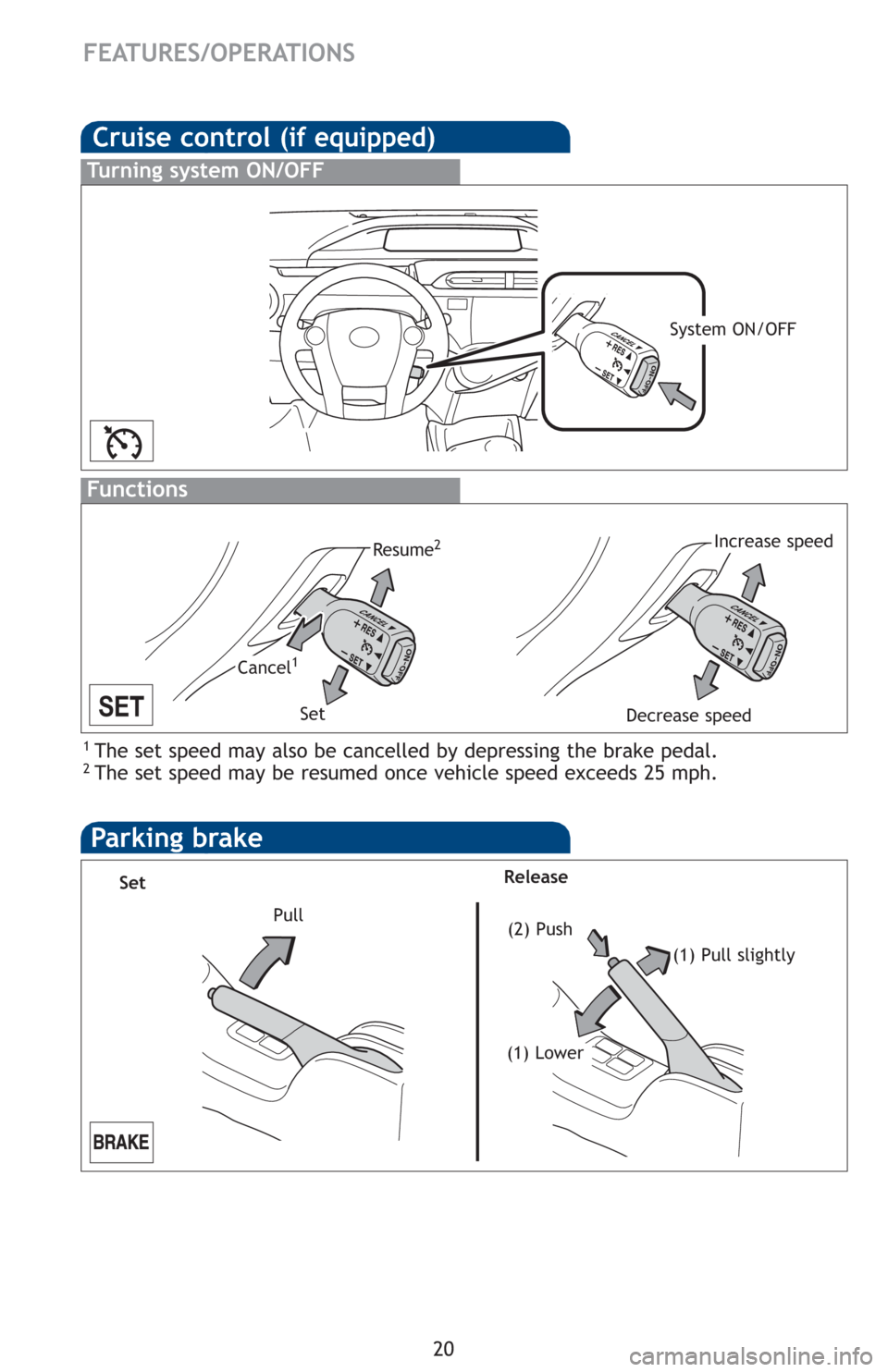 TOYOTA PRIUS C 2012 NHP10 / 1.G Quick Reference Guide 20
Cruise control (if equipped)
1 The set speed may also be cancelled by depressing the brake pedal.2 The set speed may be resumed once vehicle speed exceeds 25 mph.
Turning system ON/OFF
Functions
Sy TOYOTA PRIUS C 2012 NHP10 / 1.G Quick Reference Guide 20
Cruise control (if equipped)
1 The set speed may also be cancelled by depressing the brake pedal.2 The set speed may be resumed once vehicle speed exceeds 25 mph.
Turning system ON/OFF
Functions
Sy