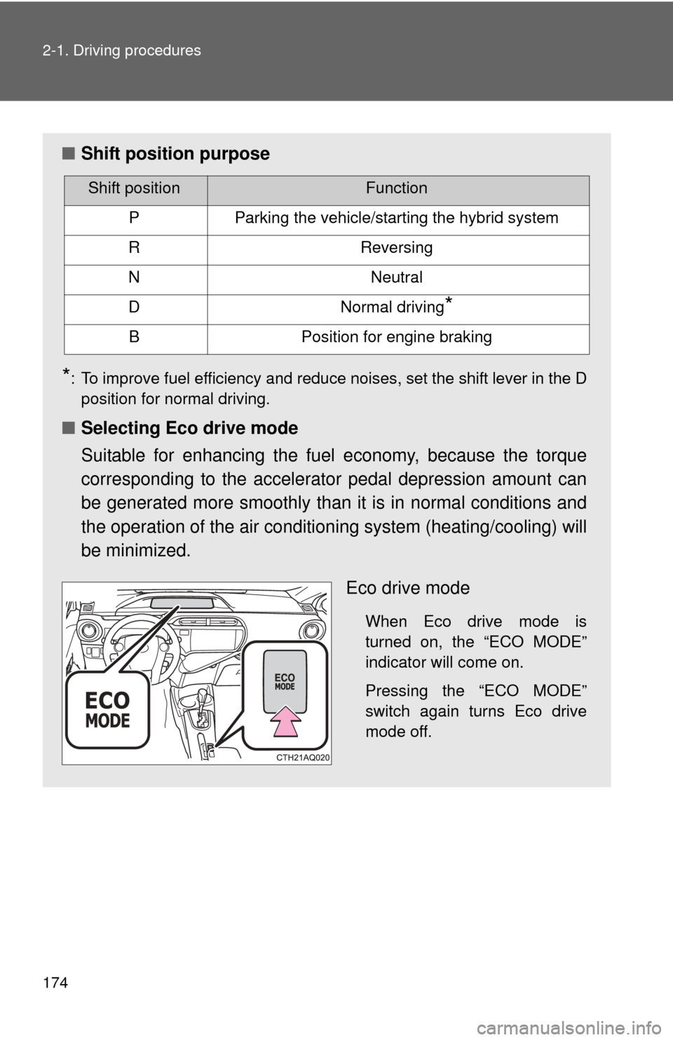 TOYOTA PRIUS C 2013 NHP10 / 1.G Owners Manual 174 2-1. Driving procedures
■Shift position purpose
*: To improve fuel efficiency and reduce noises, set the shift lever in the D
position for normal driving.
■ Selecting Eco drive mode
Suitable f