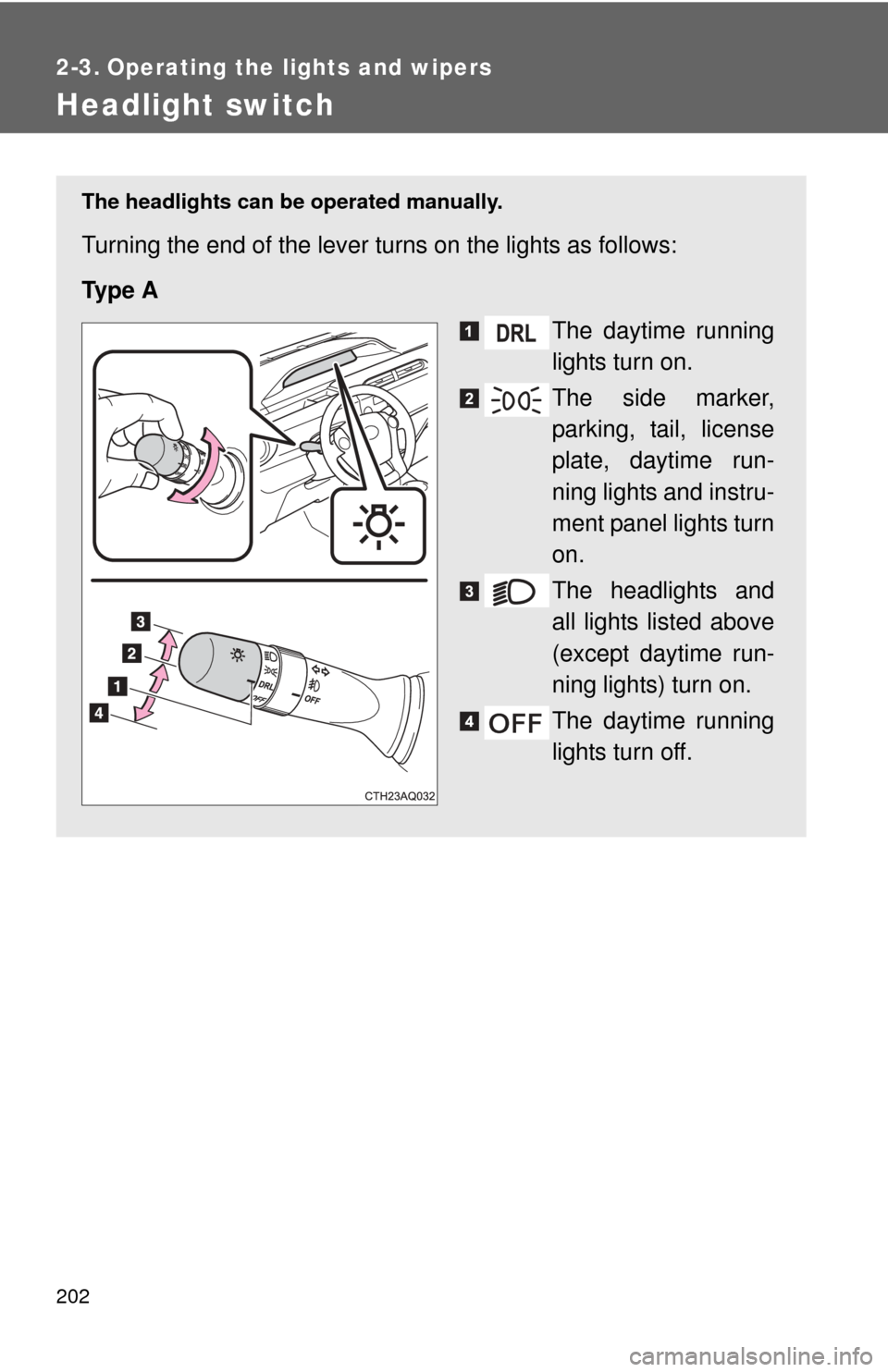 TOYOTA PRIUS C 2013 NHP10 / 1.G Owners Manual 202
2-3. Operating the lights and wipers
Headlight switch
The headlights can be operated manually. 
Turning the end of the lever turns on the lights as follows:
Ty p e  AThe daytime running
lights tur