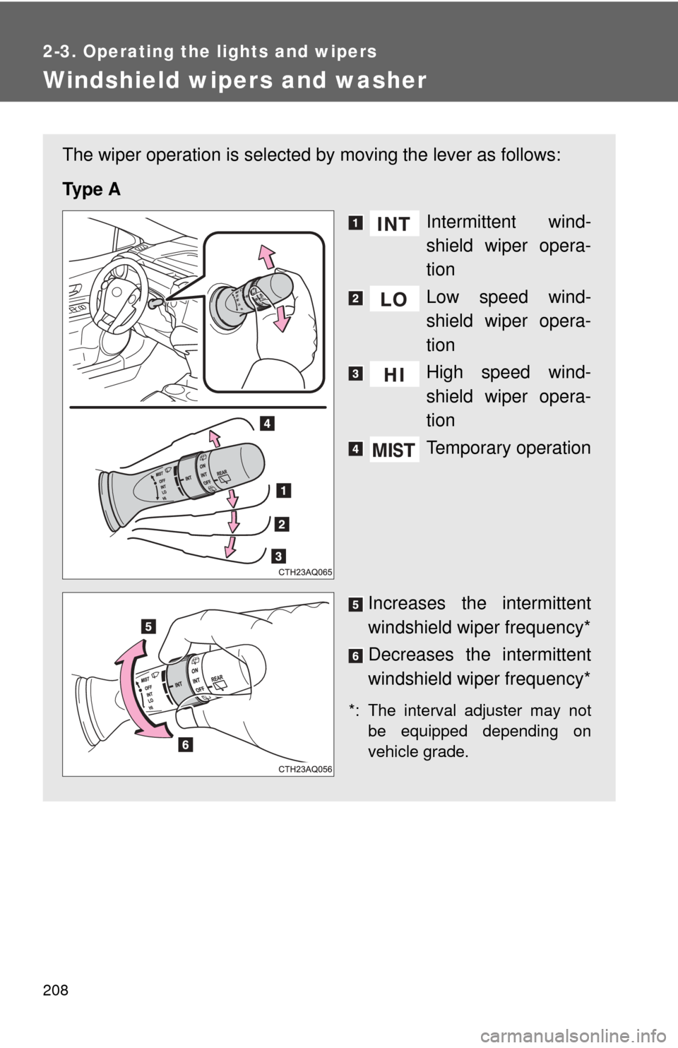 TOYOTA PRIUS C 2013 NHP10 / 1.G Owners Manual 208
2-3. Operating the lights and wipers
Windshield wipers and washer
The wiper operation is selected by moving the lever as follows:
Ty p e  A Intermittent wind-
shield wiper opera-
tion
Low speed wi
