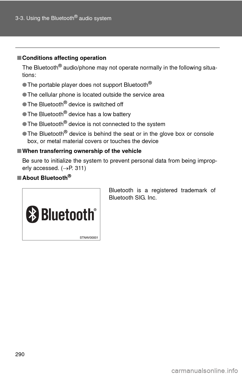 TOYOTA PRIUS C 2013 NHP10 / 1.G Owners Manual 290 3-3. Using the Bluetooth
® audio system
■Conditions affecting operation
The Bluetooth
® audio/phone may not operate normally in the following situa-
tions:
● The portable player does not sup