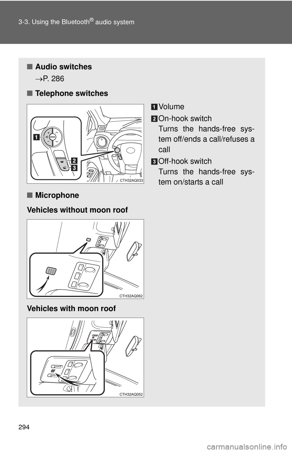 TOYOTA PRIUS C 2013 NHP10 / 1.G Owners Manual 294 3-3. Using the Bluetooth
® audio system
■Audio switches
P. 286
■ Telephone switches
Vo l u m e
On-hook switch 
Turns the hands-free sys-
tem off/ends a call/refuses a
call
Off-hook switch
