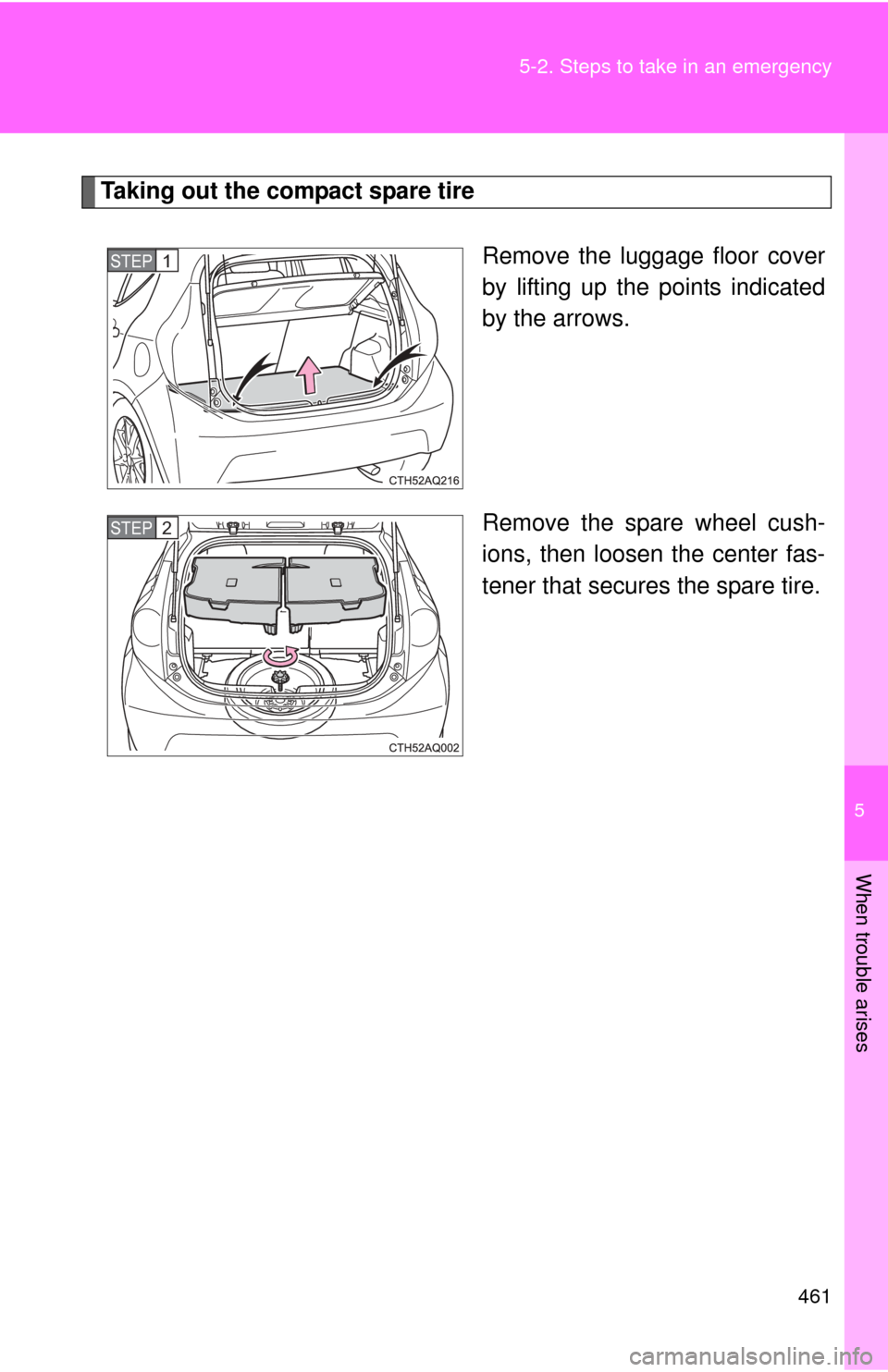 TOYOTA PRIUS C 2013 NHP10 / 1.G Owners Manual 5
When trouble arises
461
5-2. Steps to take in an emergency
Taking out the compact spare tire
Remove the luggage floor cover
by lifting up the points indicated
by the arrows.
Remove the spare wheel c