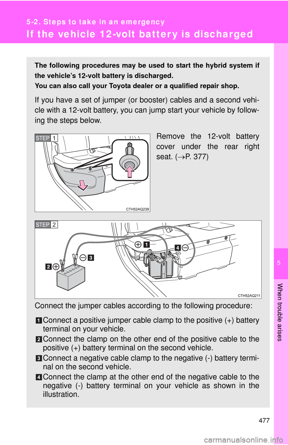 TOYOTA PRIUS C 2013 NHP10 / 1.G Owners Manual 5
When trouble arises
477
5-2. Steps to take in an emergency
If the vehicle 12-volt batter y is discharged
The following procedures may be used to start the hybrid system if
the vehicle’s 12-volt ba TOYOTA PRIUS C 2013 NHP10 / 1.G Owners Manual 5
When trouble arises
477
5-2. Steps to take in an emergency
If the vehicle 12-volt batter y is discharged
The following procedures may be used to start the hybrid system if
the vehicle’s 12-volt ba