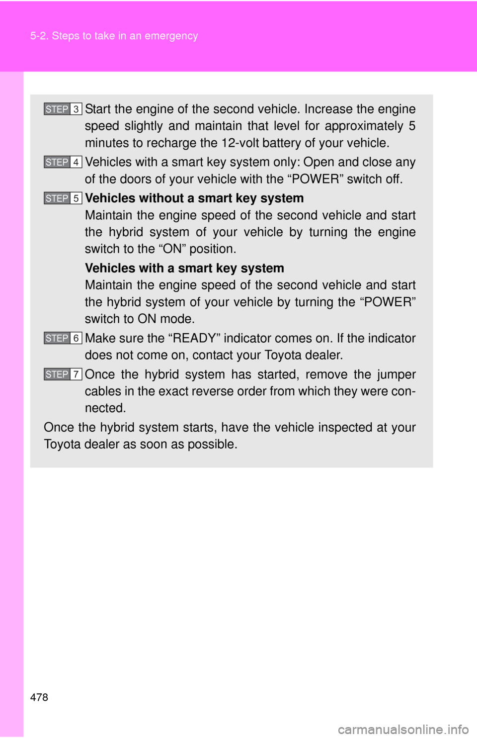 TOYOTA PRIUS C 2013 NHP10 / 1.G Owners Manual 478 5-2. Steps to take in an emergency
Start the engine of the second vehicle. Increase the engine
speed slightly and maintain that level for approximately 5
minutes to recharge the 12-volt battery of TOYOTA PRIUS C 2013 NHP10 / 1.G Owners Manual 478 5-2. Steps to take in an emergency
Start the engine of the second vehicle. Increase the engine
speed slightly and maintain that level for approximately 5
minutes to recharge the 12-volt battery of