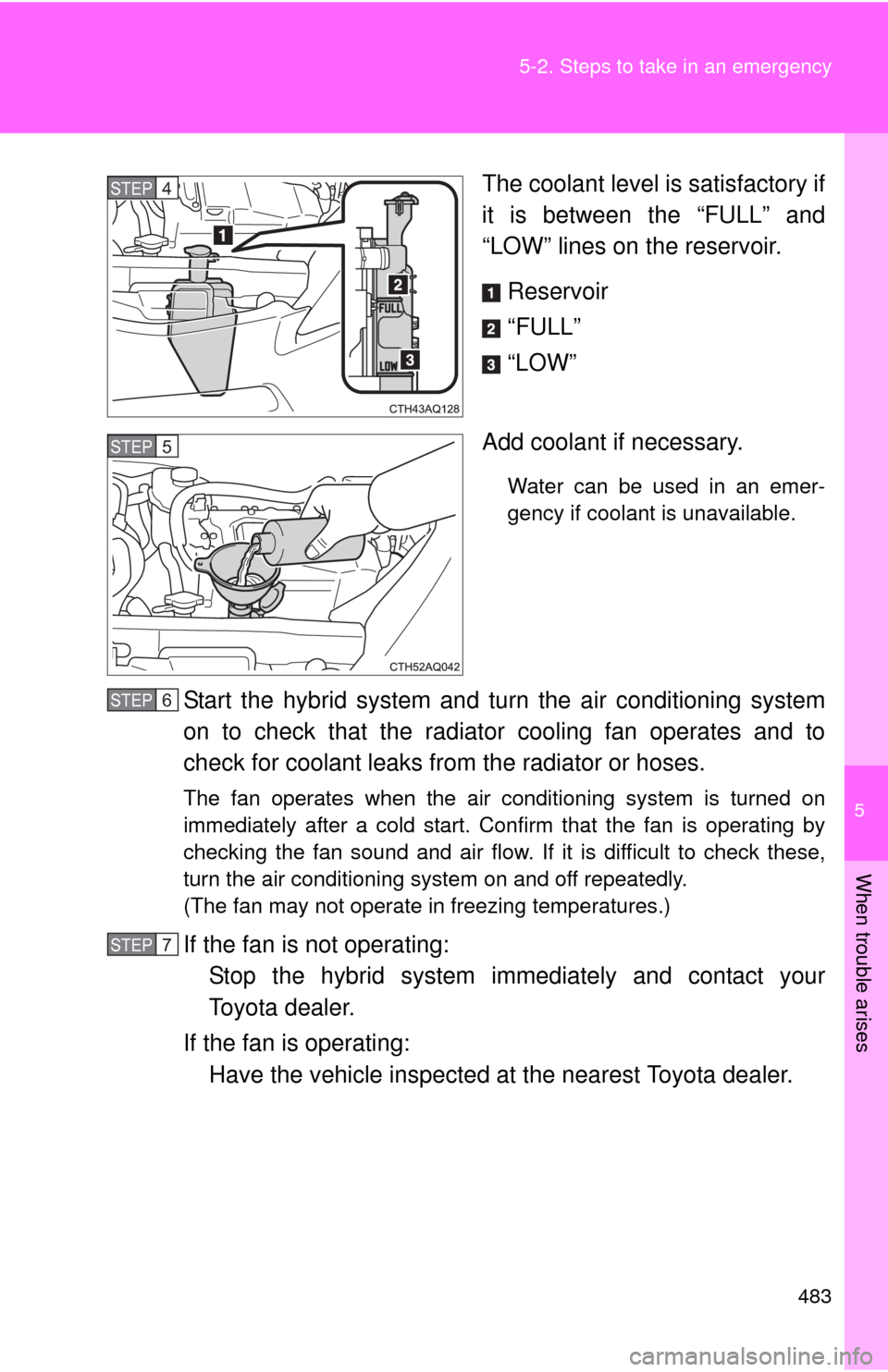 TOYOTA PRIUS C 2013 NHP10 / 1.G Owners Manual 5
When trouble arises
483
5-2. Steps to take in an emergency
The coolant level is satisfactory if
it is between the “FULL” and
“LOW” lines on the reservoir.
Reservoir
“FULL”
“LOW”
Add 