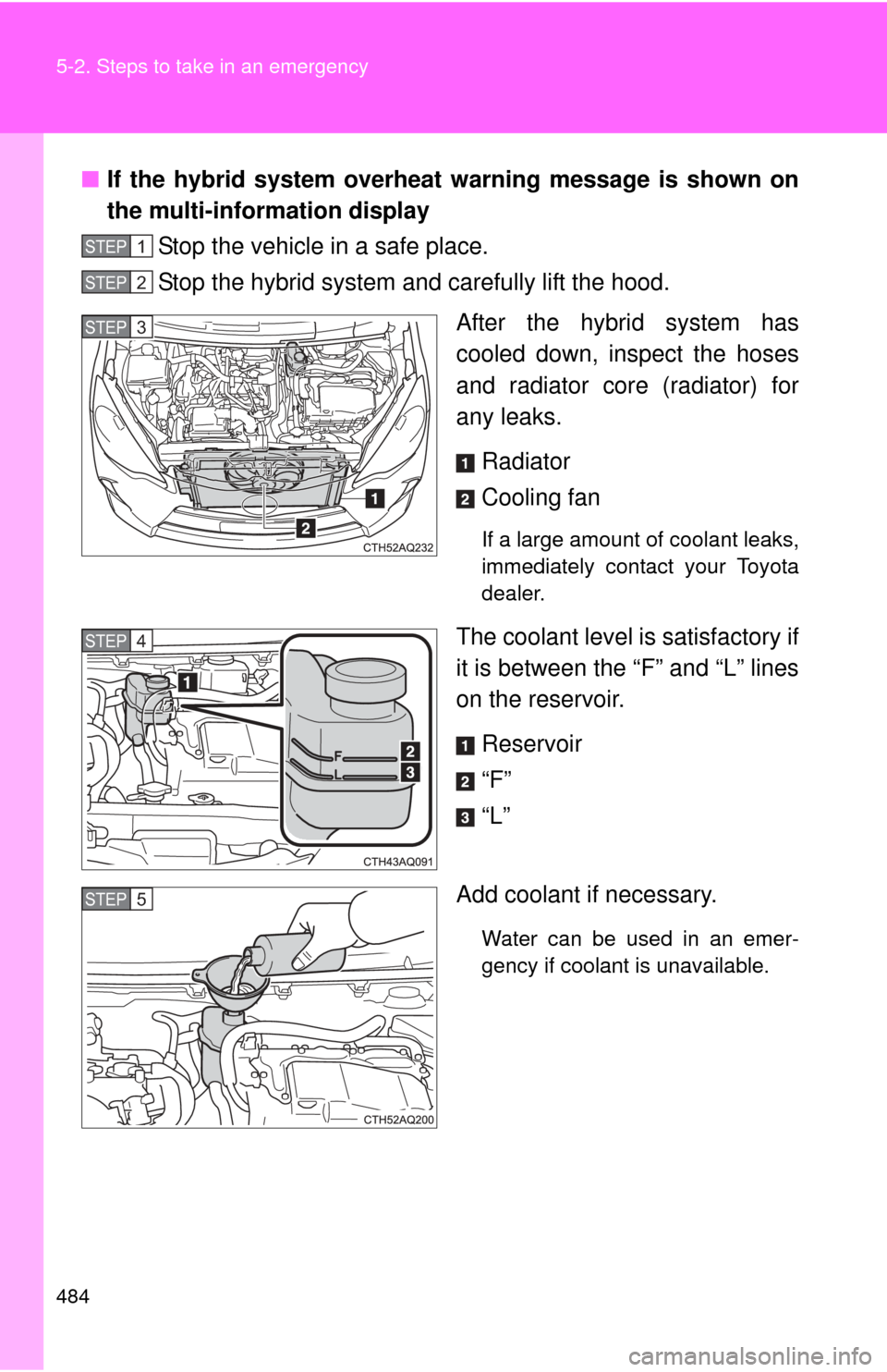 TOYOTA PRIUS C 2013 NHP10 / 1.G Owners Manual 484 5-2. Steps to take in an emergency
■If the hybrid system overheat warning message is shown on
the multi-information display
Stop the vehicle in a safe place.
Stop the hybrid system and carefully TOYOTA PRIUS C 2013 NHP10 / 1.G Owners Manual 484 5-2. Steps to take in an emergency
■If the hybrid system overheat warning message is shown on
the multi-information display
Stop the vehicle in a safe place.
Stop the hybrid system and carefully